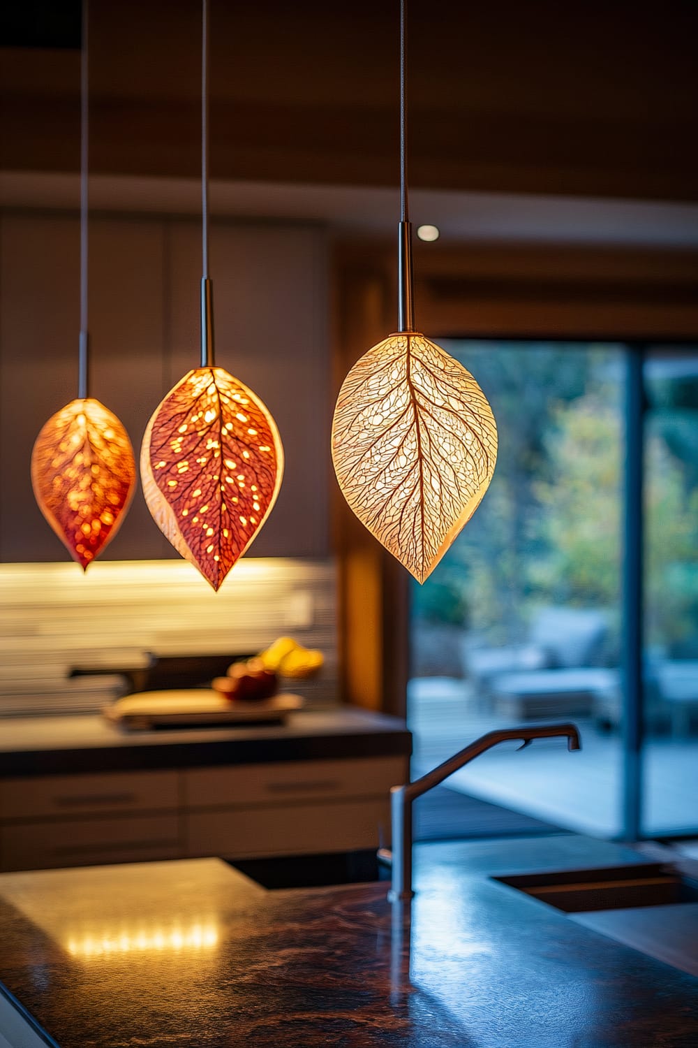 The image shows a modern kitchen with three pendant lights hanging above a counter. The lights have leaf-shaped lampshades in varying shades of red and orange, emitting a warm glow. The countertop has a reflective surface, and in the background, there is a blurred view of a cutting board with fruit. A sliding glass door leads to an outdoor area with a seating arrangement visible in the distant background.