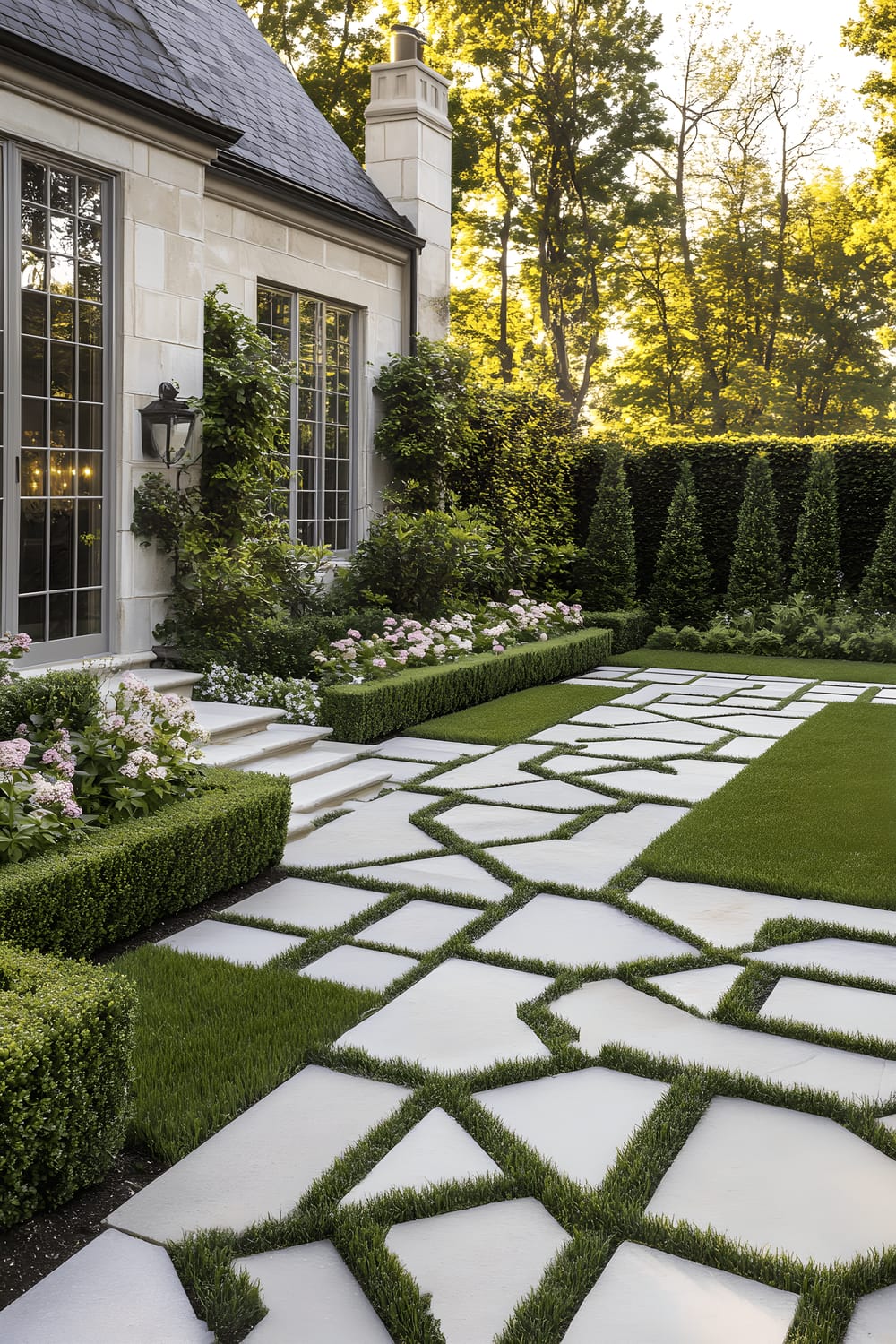 A checkerboard-style lawn composed of alternating squares of well-kept grass and light-colored stone tiles. The geometric pattern is enclosed by neatly trimmed hedges and adorned with colorful flowering shrubs. The garden atmosphere suggests a well-balanced harmony between man-made structures and natural elements.