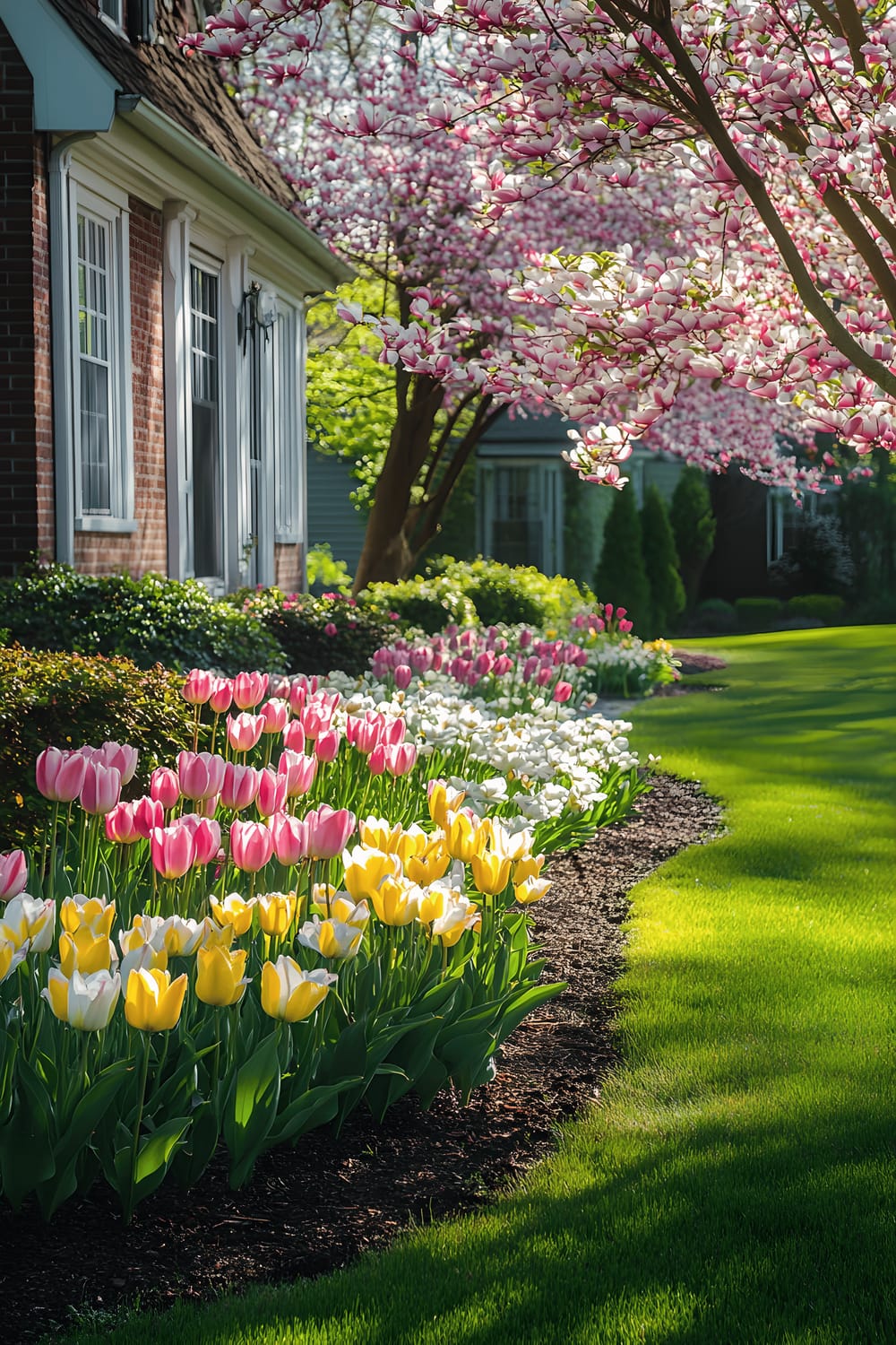 A beautifully maintained front yard showcasing a springtime garden. The yard is adorned with a meandering flower bed filled with pink and yellow tulips. A large dogwood tree full of lovely white blossoms stands majestically in the yard. The lawn, covered with fresh mulch, is accentuated by neatly edged flower borders. Bright morning sunlight blankets the scene, highlighting the vibrant colours and casting gentle shadows.