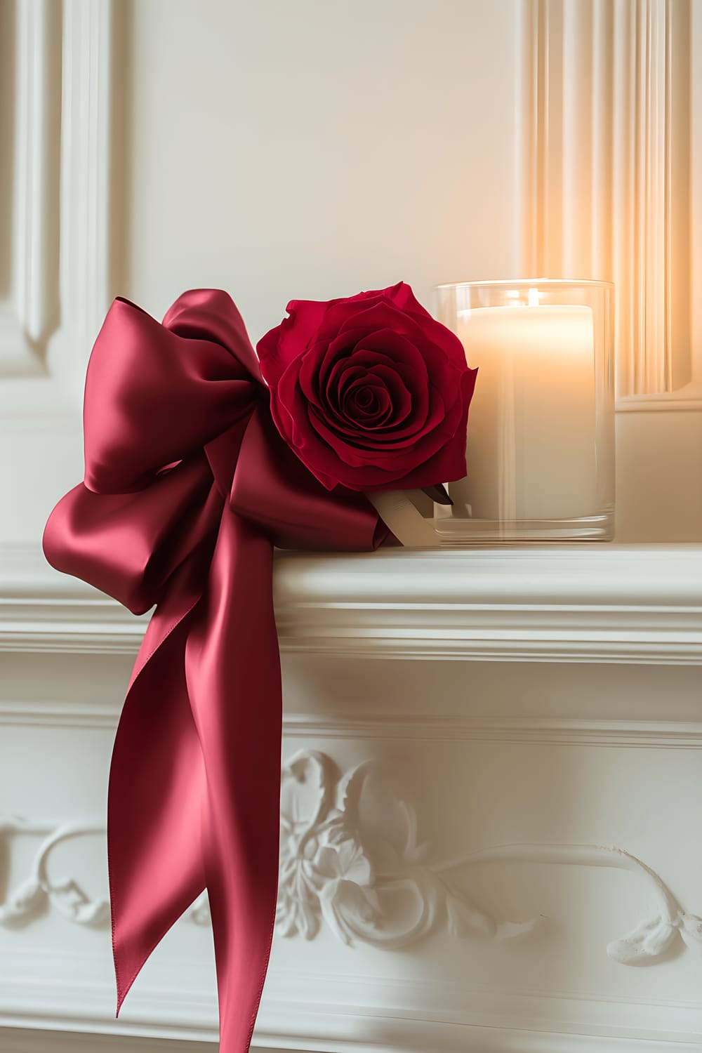 A large, deep red silk ribbon tied in a bow around a single fresh, red rose stem, arranged on a cream-colored mantel with a small luminous white pillar candle in a simple glass holder adjacent to it.