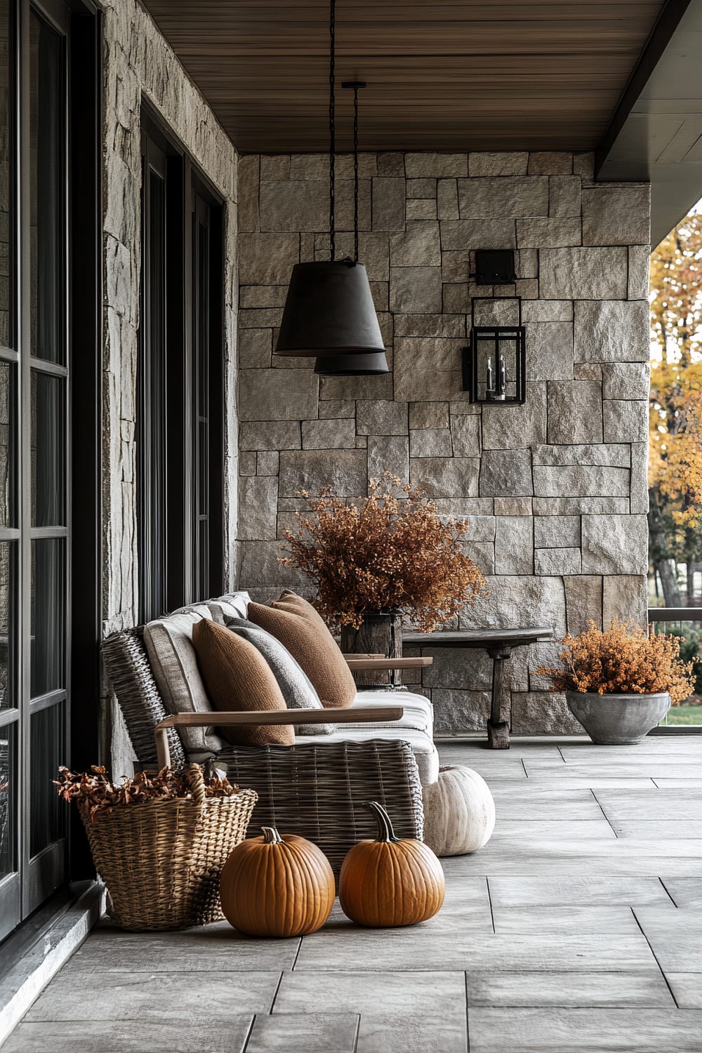 An autumn-themed porch decorated with pumpkins and rustic elements. The space features a wicker chair with brown cushions, a stone wall, and wooden elements. A basket filled with dried leaves and an arrangement of dried orange foliage enhance the seasonal ambiance. Two pendant lights hang from the ceiling, and a lantern-style wall sconce adds a rustic charm to the decor.