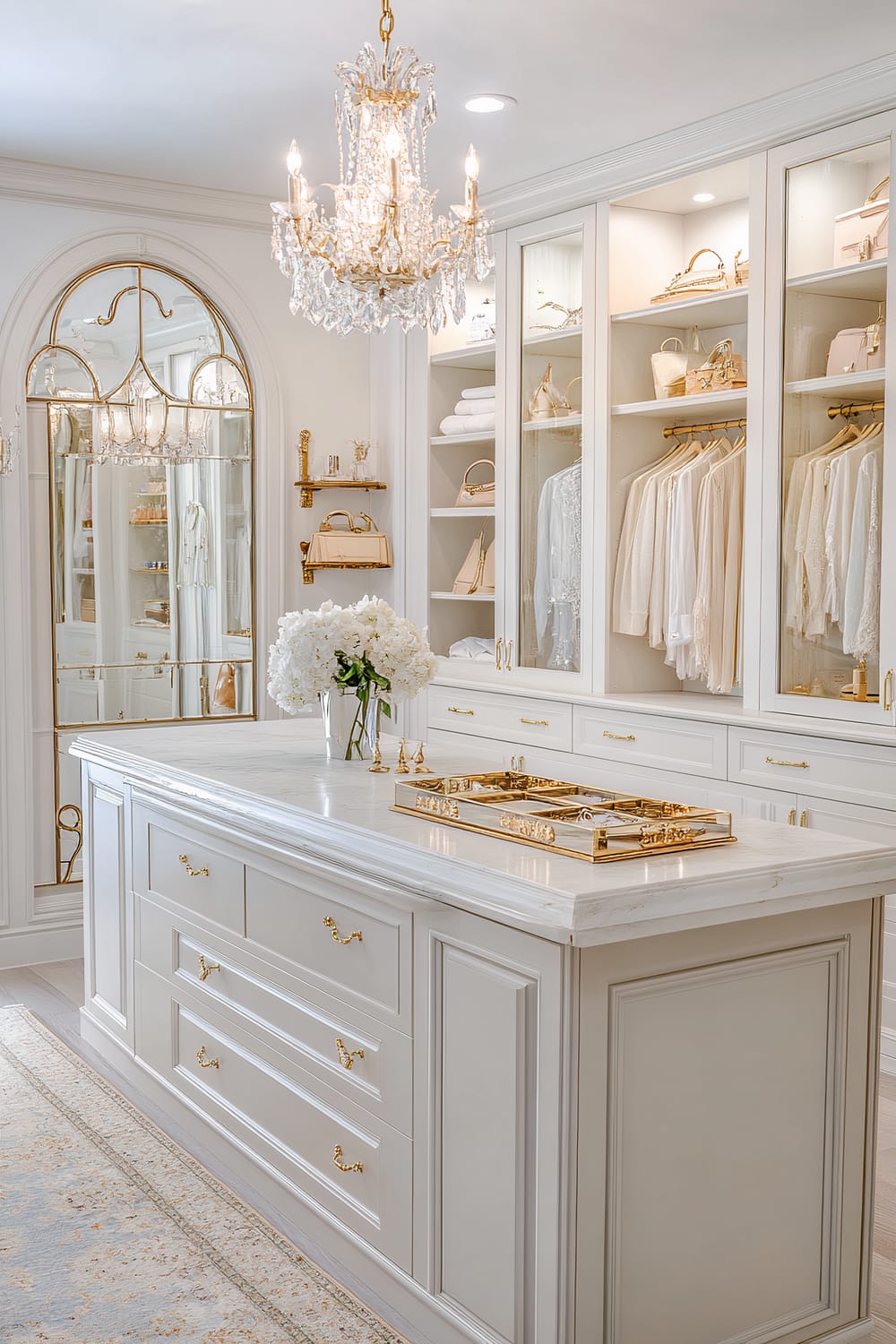 An elegant walk-in closet with classic Parisian design elements, featuring soft white cabinetry with gold hardware, arched glass doors, light pastel fabrics hanging neatly on brass rails, and a central island with a marble countertop. A crystal chandelier hangs from the ceiling, and an antique full-length mirror leans against the wall.