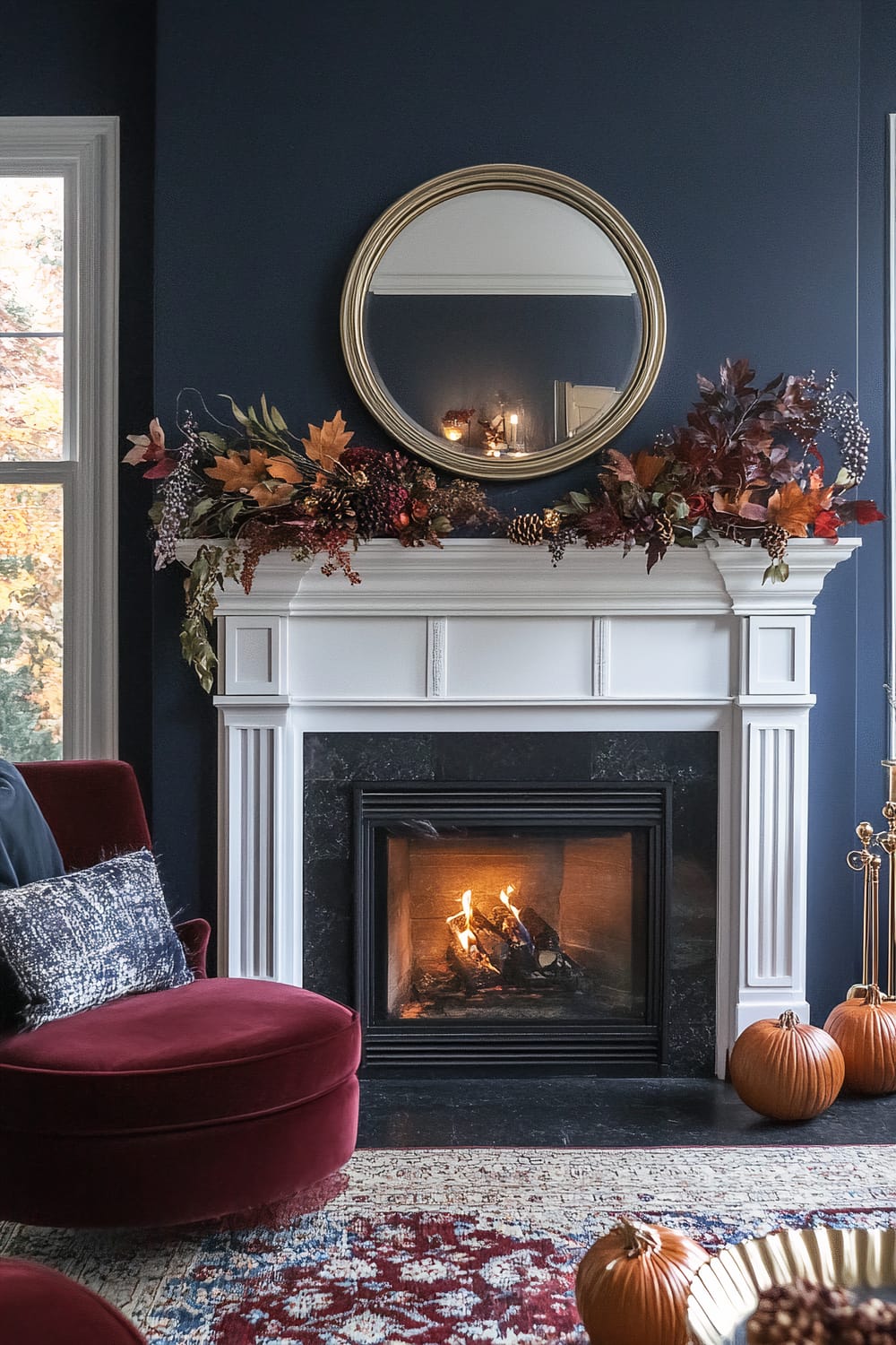 A stylish living room features a bold, dark navy wall adorned with a classic white fireplace mantel. The mantel is elegantly decorated with a lush autumnal garland comprising leaves, berries, and pinecones. A round, gold-framed mirror hangs centered above the mantel, reflecting soft candlelight from the decorations. Below, a warm fire burns in the fireplace, casting a cozy glow. To the left, a plush, burgundy velvet chair with a textured cushion is partly visible. The setting includes pumpkins and an autumn-themed centerpiece displayed in a gold bowl on a nearby surface.