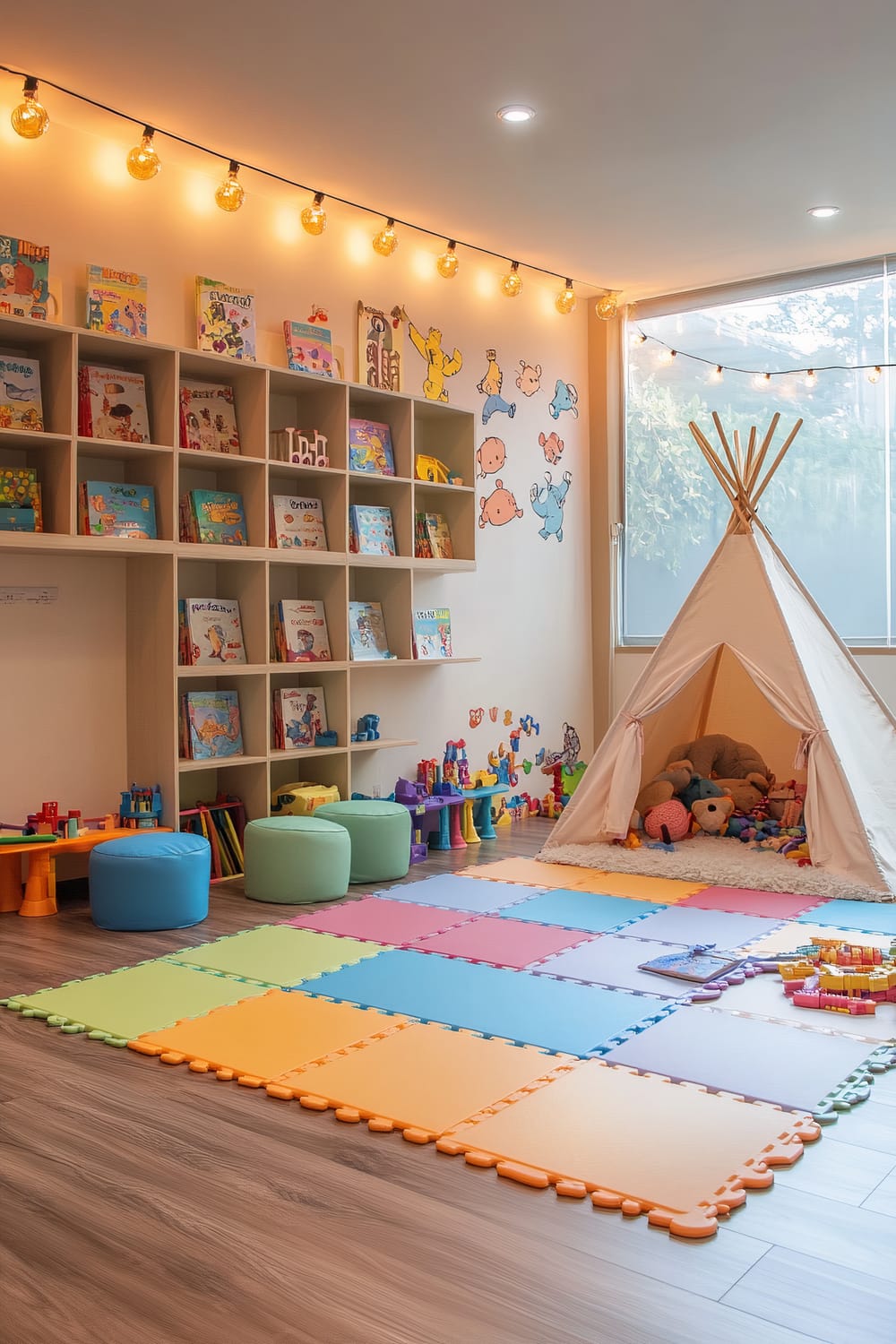 A vibrant playroom featuring bright, colorful furniture, soft play mats on the floor, wall-mounted bookshelves displaying storybooks, open cubbies filled with toys and puzzles, a teepee in the corner, playful wall decals of animals and shapes, low tables for arts and crafts, and warm string lights enhancing the magical atmosphere.