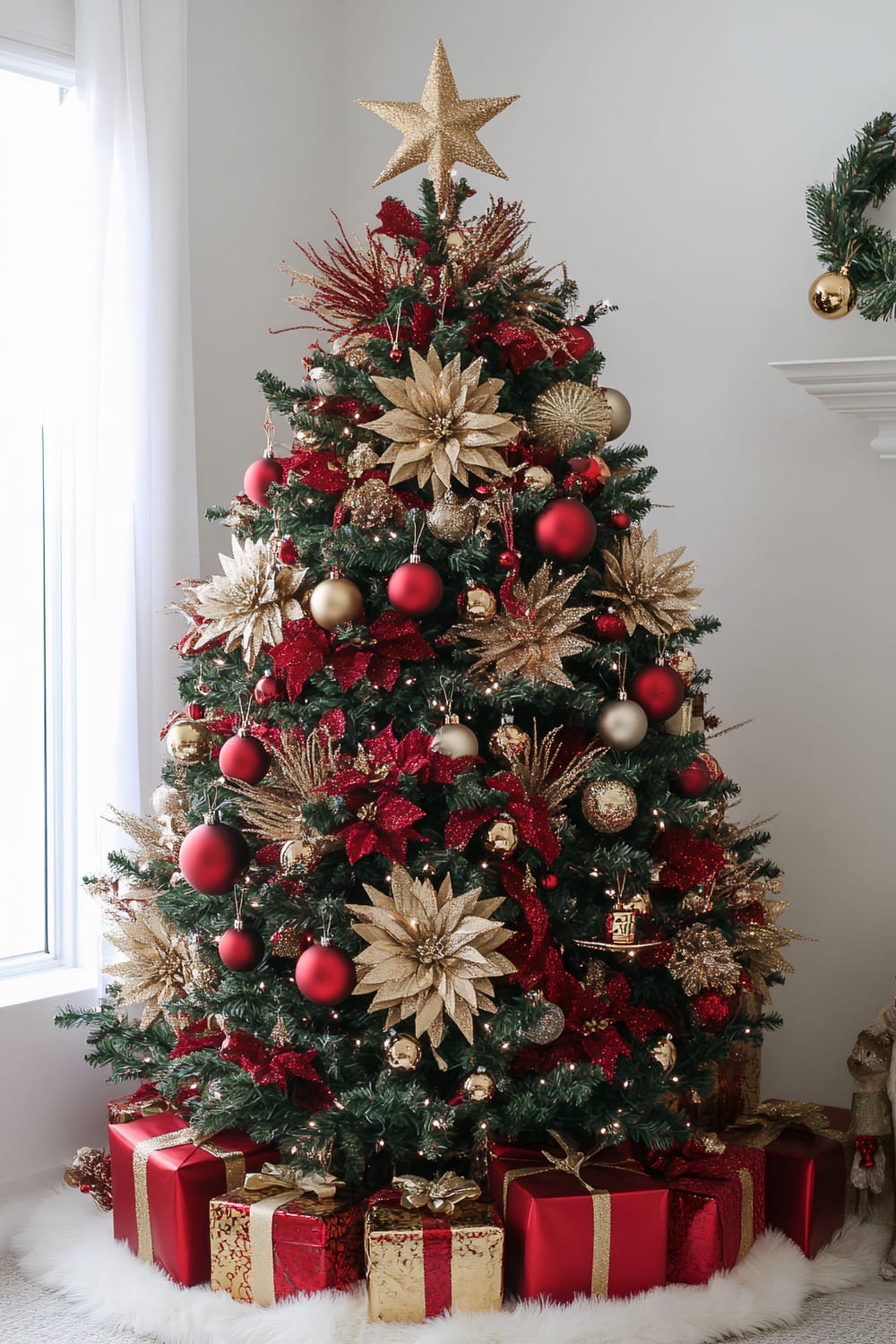 A beautifully decorated Christmas tree adorned with an assortment of red and gold ornaments, large poinsettia flowers, and a glittering gold star on top. Wrapped presents in red and gold wrapping paper are neatly placed underneath the tree on a white fur tree skirt. A green wreath with gold ornaments is visible on a white wall to the right.