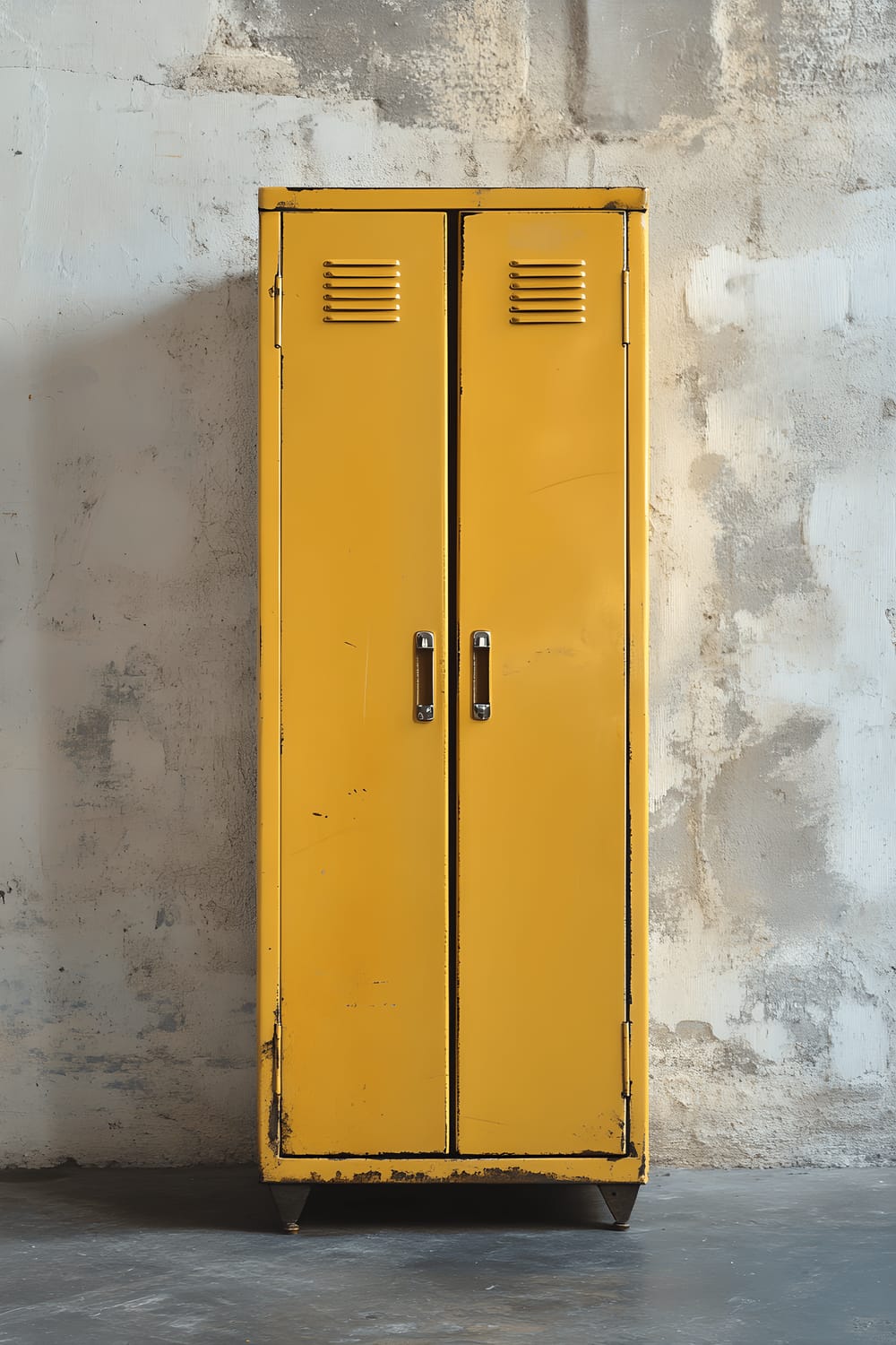 A reimagined mustard yellow metal locker with a matte finish stands as a chic and modern storage unit. It is positioned against a raw, textured concrete wall combining an industrial aesthetic with a pop of color.