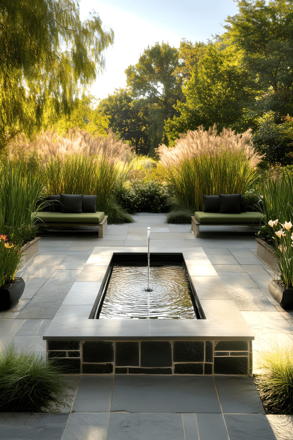 A sophisticated stone patio with a sleek, rectangular water fountain at its center. Surrounding the fountain are minimalist stone benches topped with plush, dark green cushions. The scene includes ornamental grasses and potted lilies providing height and color, and the late afternoon sunlight reflects off the water, producing shimmering highlights.