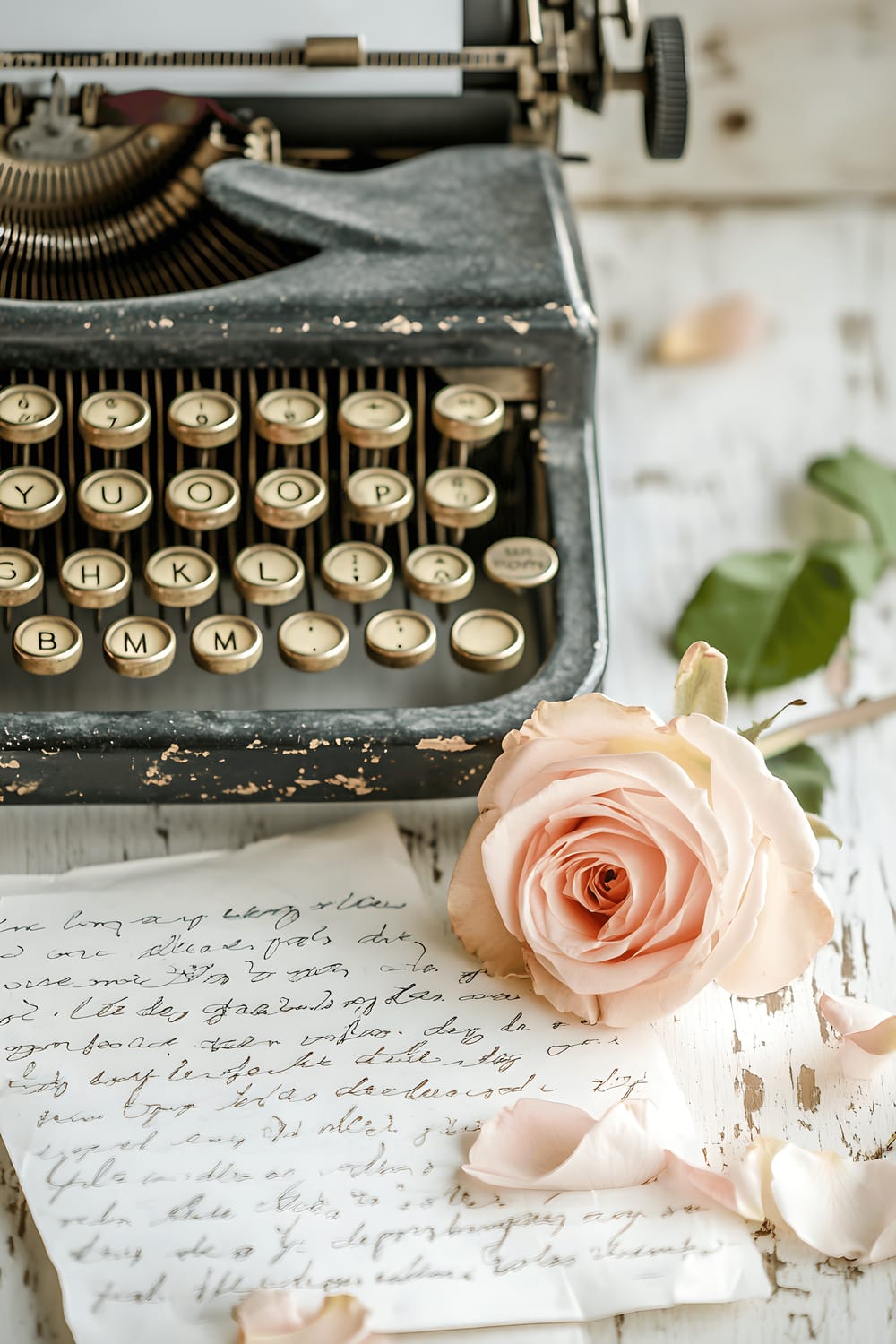 A vintage typewriter with yellow keys sits on a white desk, surrounded by scattered handwritten letters. Next to it is a soft blush rose, adding a touch of softer color to the scene.