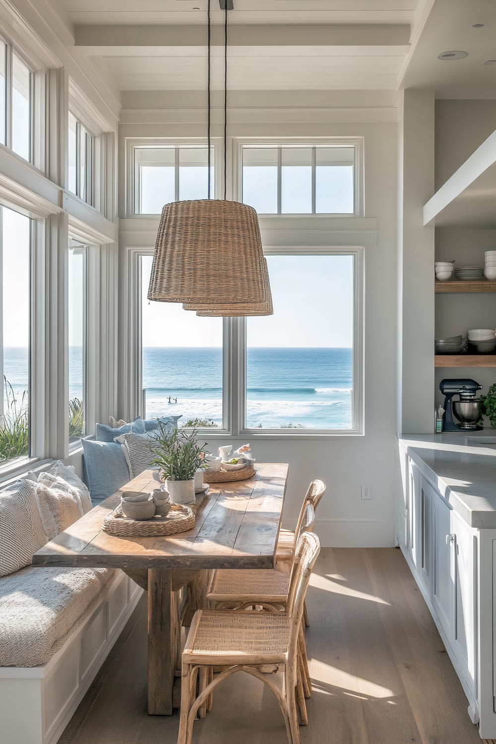 A coastal dining nook featuring a rustic wooden table with a bench on one side and wicker chairs on the other, adorned with neutral cushions. Large windows provide a panoramic ocean view. A woven pendant light hangs above the table, adding a natural touch. The kitchen area to the right includes white cabinetry and open shelving with stacked dishes. The space is bright and airy, with light wood floors and white walls.