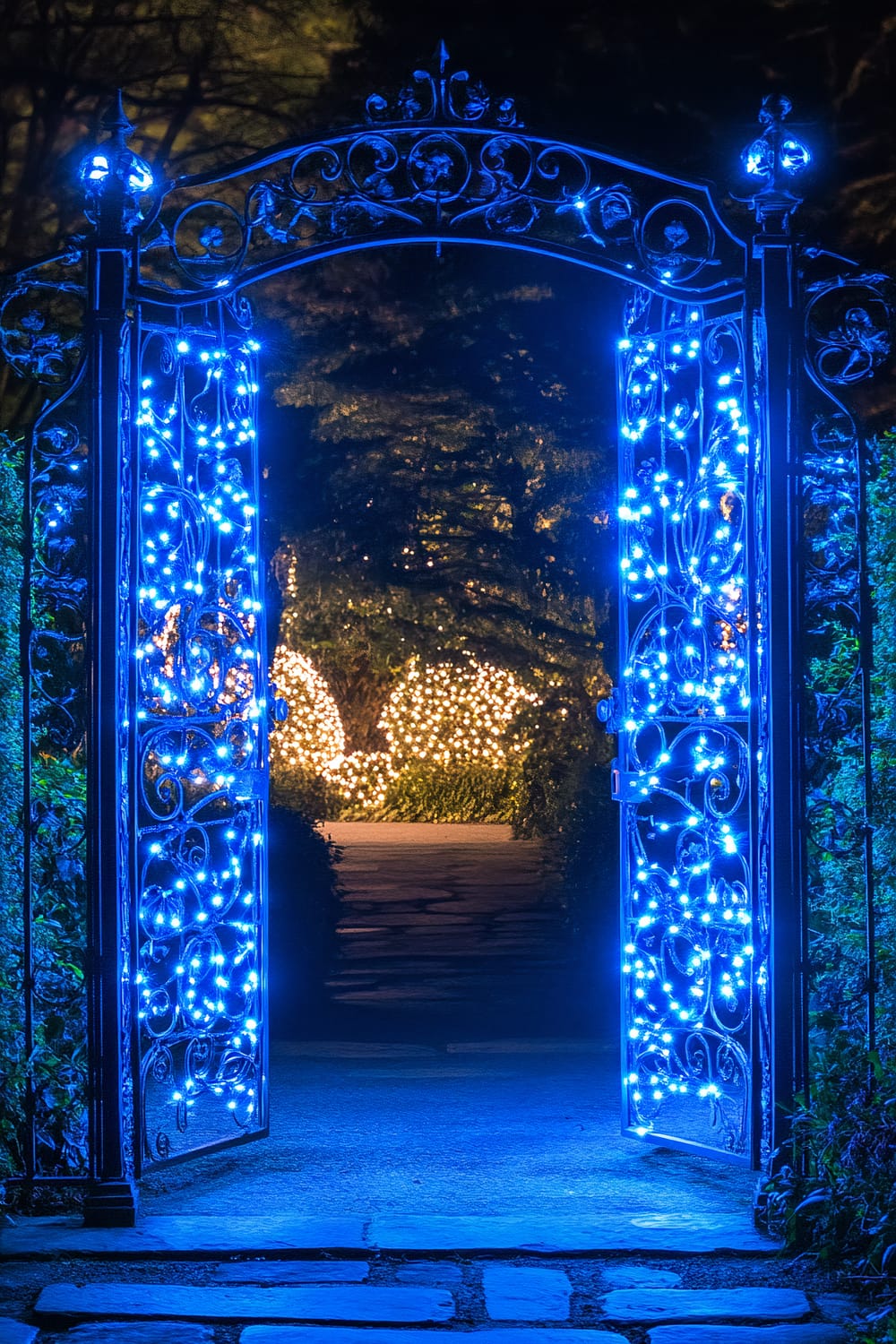 An ornate wrought iron gate is adorned with strings of blue lights, which illuminate the surrounding area. The gate is open, revealing a garden path that leads to a background filled with trees and bushes decorated with warm white lights.