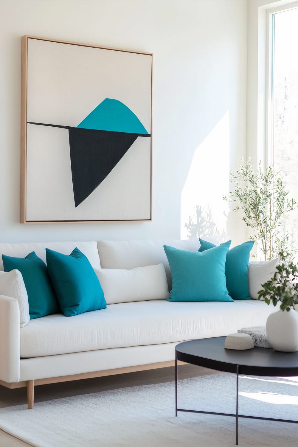 A minimalist living room features a clean, white sofa adorned with turquoise pillows. Behind the sofa is a large geometric art piece in turquoise, black, and white. A sleek black coffee table holds a small plant and decorative items. Natural light filters through a large window, casting a soft glow across the room, accentuating its serene and contemporary atmosphere.