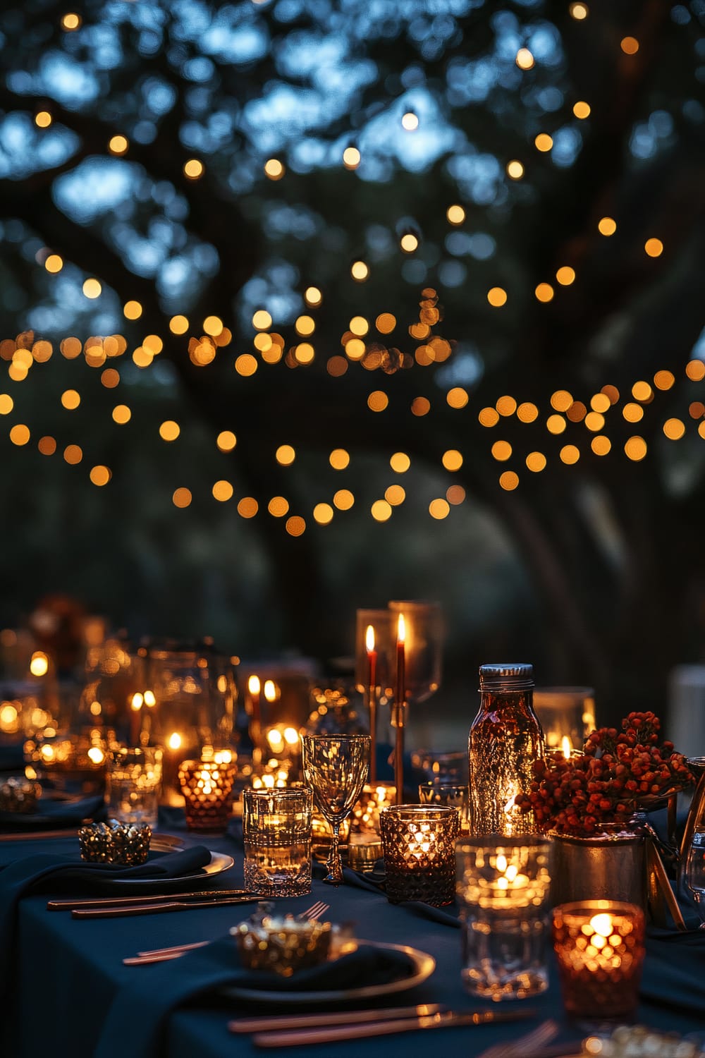 A beautifully set outdoor dining table illuminated by numerous candles and string lights hung among the trees. The table features elegant glassware, small flower arrangements, and decorative candle holders, creating a warm, romantic atmosphere at dusk.