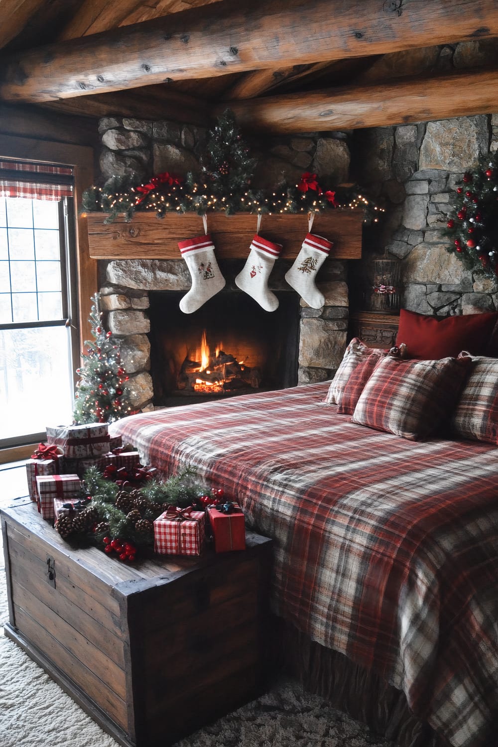 A rustic bedroom is decorated for the Christmas season. A large bed with red and white plaid bedding is situated in front of a stone fireplace. The mantle is adorned with a garland of greenery, lights, and red accents, with three Christmas stockings hanging from it. A wooden chest at the foot of the bed holds Christmas gifts wrapped in red and patterned paper. To the left of the fireplace is a small decorated Christmas tree, and the large window offers a snowy winter scene outside.