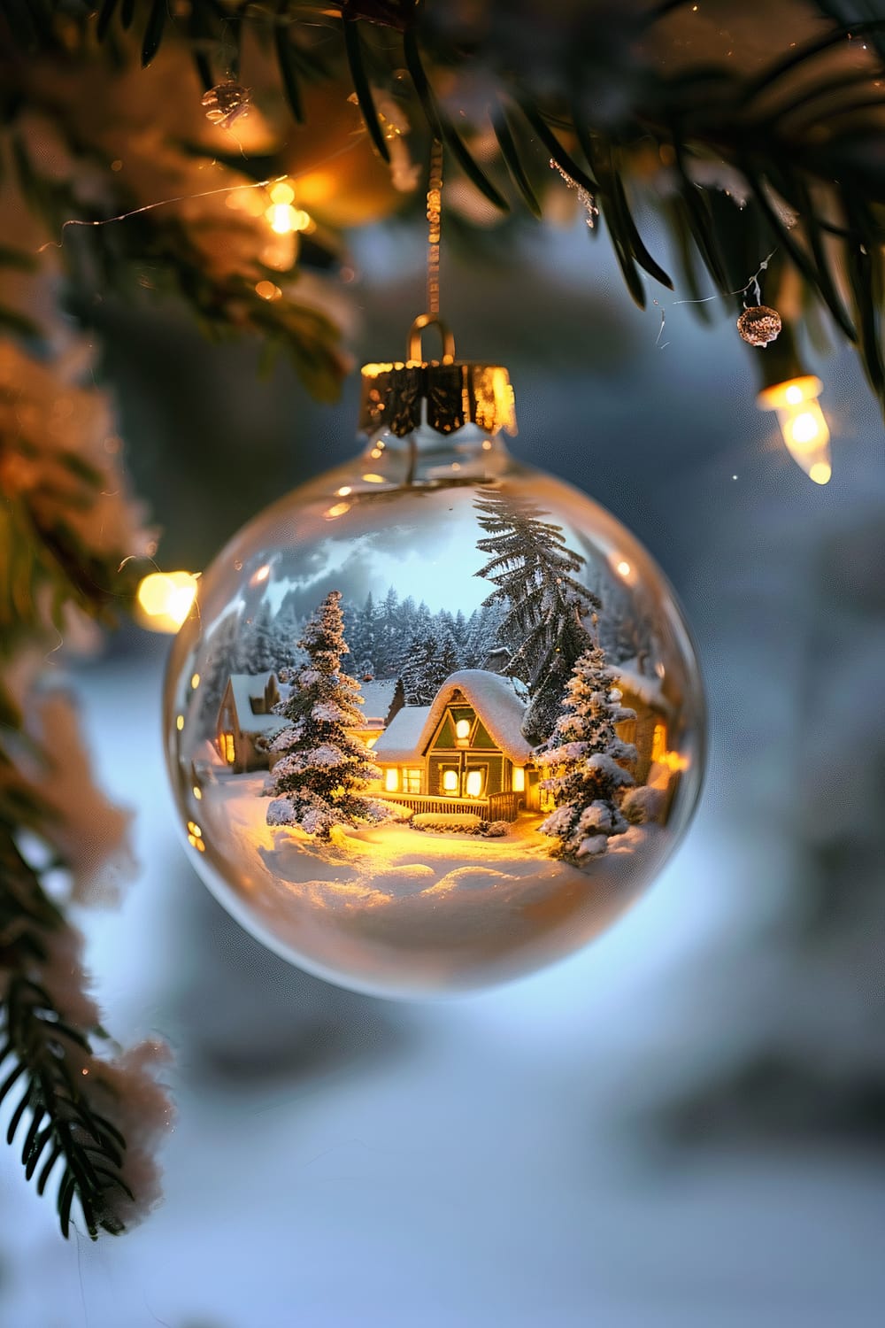 A close-up image of a glass Christmas ornament hanging on a tree branch adorned with lights. Inside the ornament is a miniature, idyllic snow-covered village with warm lights glowing from the windows of charming cottages surrounded by snow-laden pine trees, creating a nostalgic winter wonderland scene.