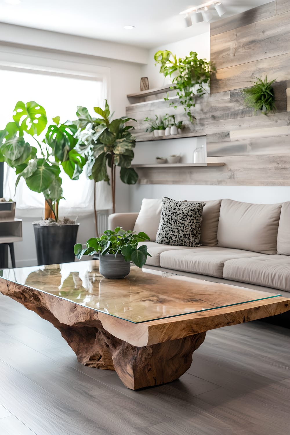 A Midcentury modern living room with natural elements, a sustainable fabric sofa, a coffee table with a reclaimed wooden base and glass top, built-in shelving made of repurposed timber, and various plants in minimalist pots. The room is illuminated by natural light entering through an unusual angular window and several adjustable wall-mounted lights.