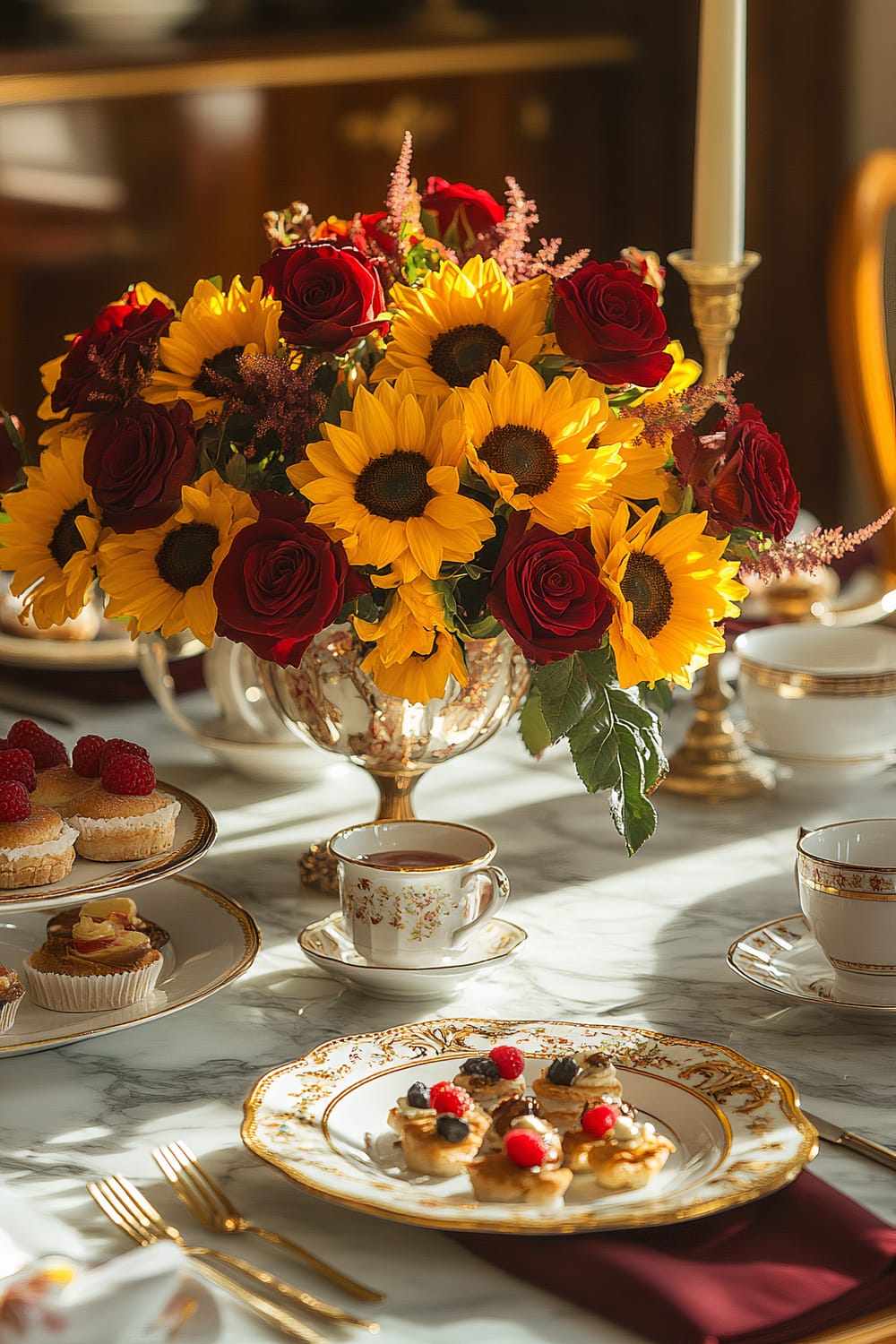 A beautifully set tea table features a centerpiece of vibrant sunflowers and deep red roses in an ornate gold vase. The table is adorned with fine china, including a teacup and saucer with delicate floral patterns and golden rims. A tiered tray holds assorted pastries topped with raspberries, and a plate of small cakes decorated with raspberries and blueberries is positioned in the foreground. Elegant gold flatware is set beside the plate, and a white candle in a tall, golden holder is visible in the background.