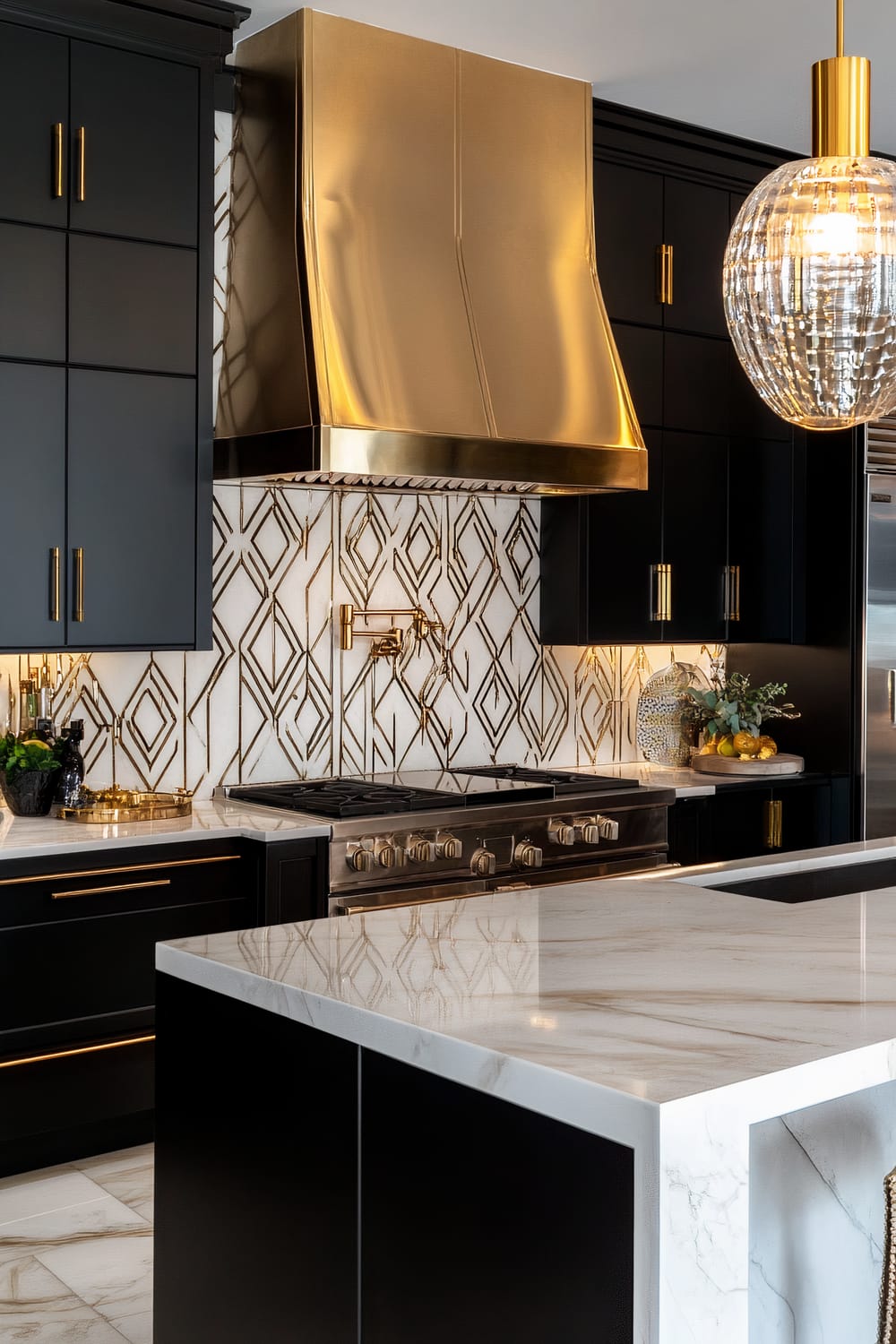 This image showcases a luxurious kitchen with a modern, sophisticated design. The kitchen features sleek black cabinetry with gold handles, a white marble countertop, and a matching marble island. A prominent gold range hood sits above a modern gas stove with metallic knobs, complemented by a patterned backsplash with diamond shapes in black and gold tones. An elegant, spherical glass pendant light hangs above the island, adding a touch of glamour to the space. Some kitchen essentials and decorative items like plants, trays, and fruits are placed strategically on the counters.