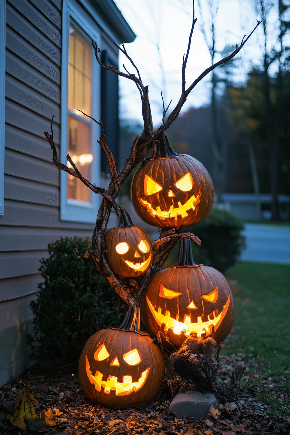 Four jack-o'-lanterns stacked vertically on a twisted, leafless tree branch, positioned next to a house with beige siding. Each pumpkin has a different carved face with light emanating from within. The setting appears to be during dusk with a hint of natural light still available.