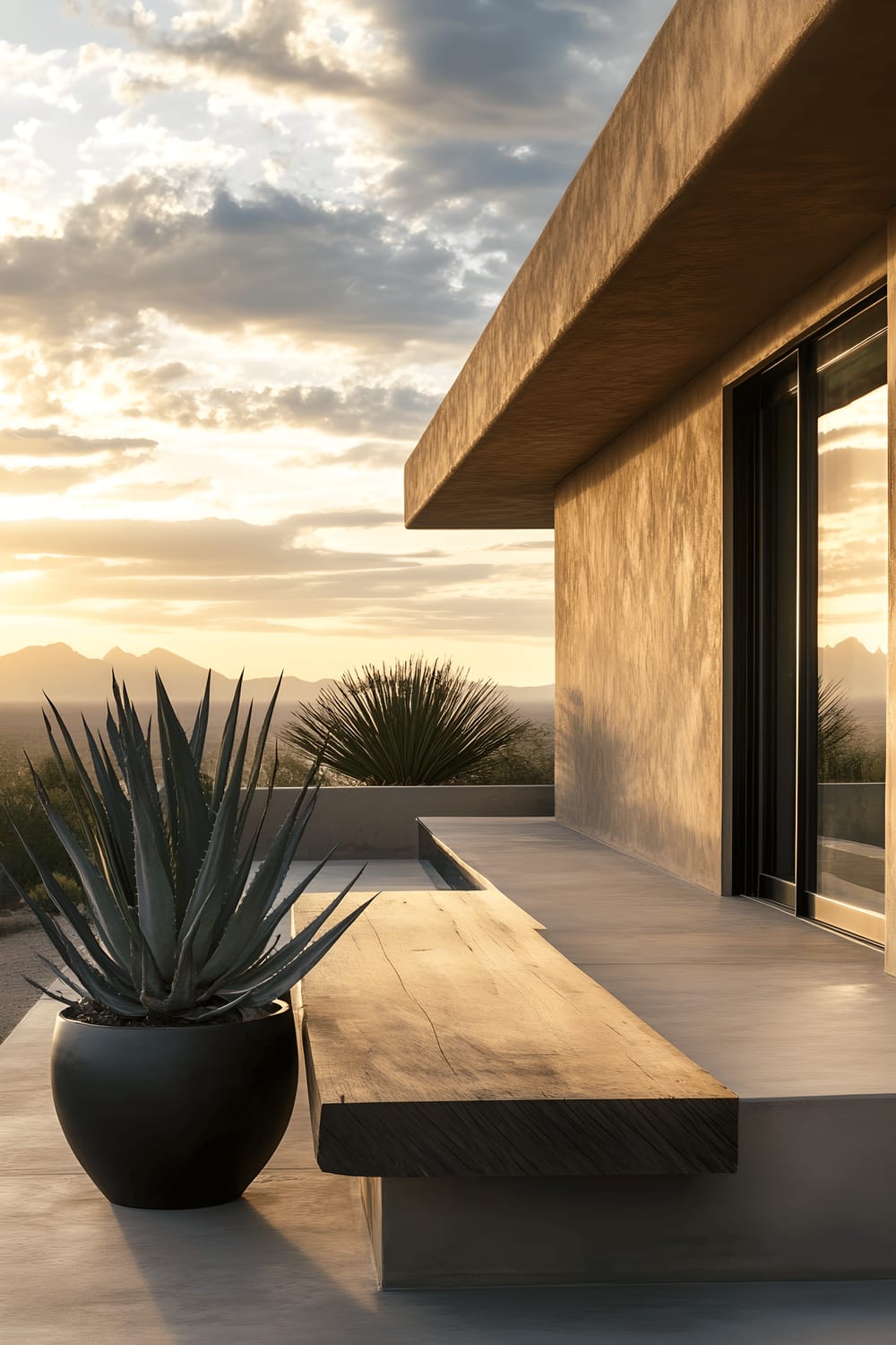 A minimalist and modern patio area featuring a built-in concrete bench positioned around a live-edge wooden table. The table supports a clay pot with an aloe plant. The area is surrounded by large cacti and agave plants housed in tall black ceramic pots against the bare, sandy beige wall. The scene is awash in the soft glow of a sunset that casts long, dramatic shadows across the space.