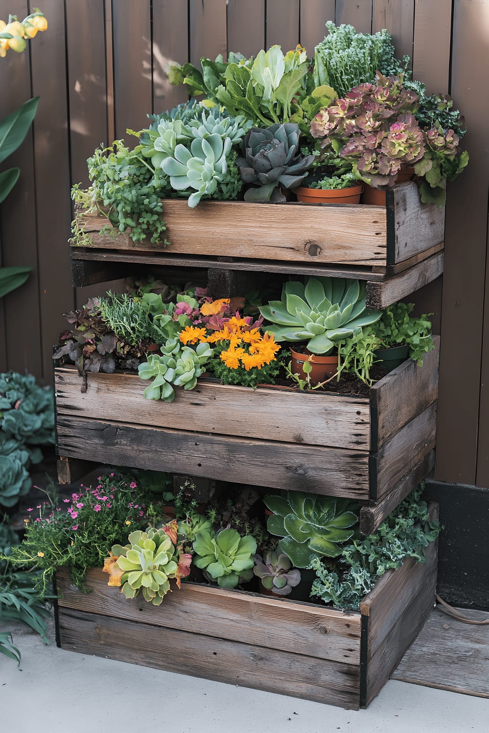 A colorful patio garden made up of wooden crates stacked in a tiered formation, each crate filled with a variety of plants including succulents, small vegetables, and wildflowers.