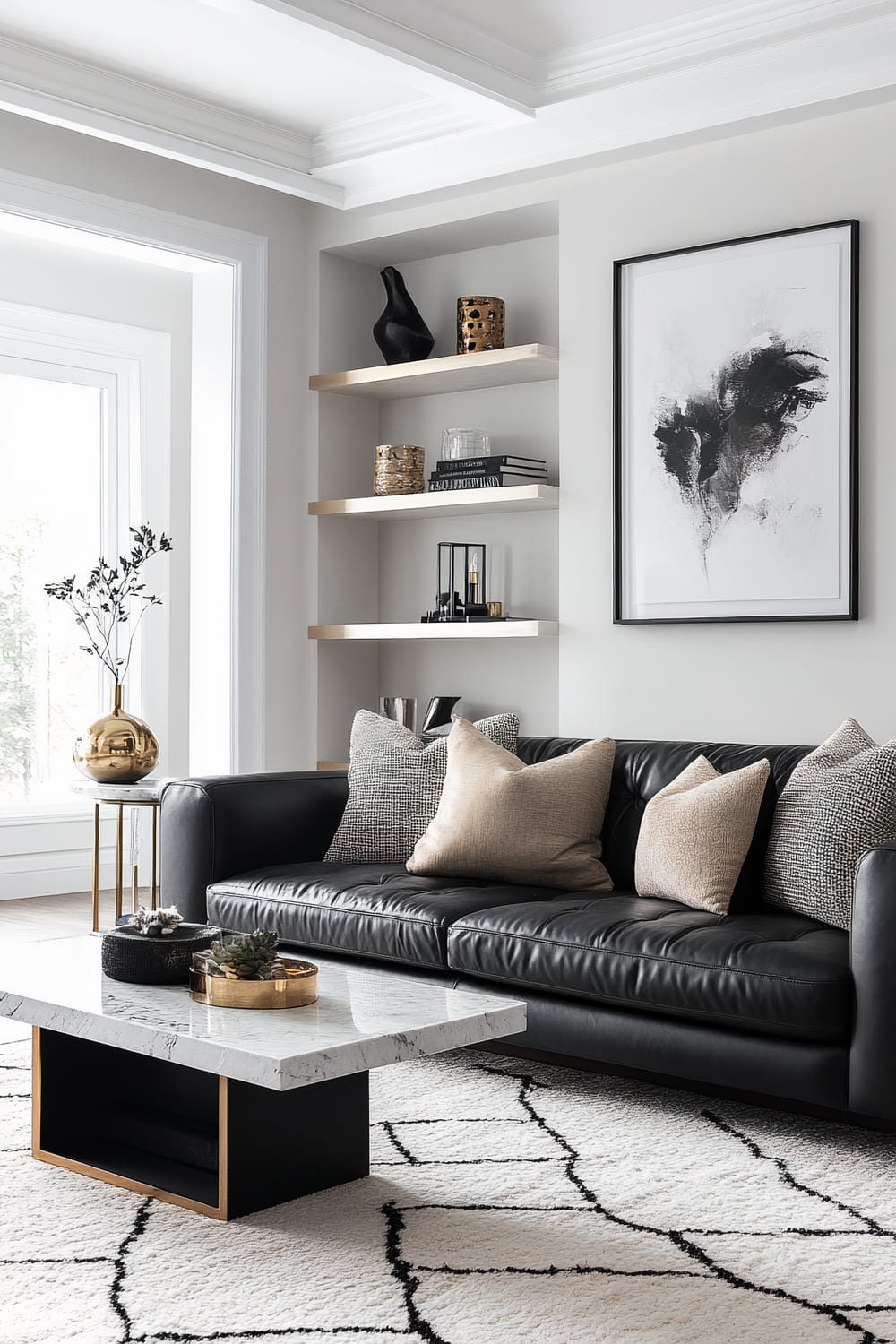 A monochromatic living room featuring a black leather sofa, light gray walls, and an off-white wool rug with a black geometric pattern. A marble side table with gold accents sits next to the sofa, and a black and white abstract painting hangs on the wall. Two floating shelves hold an assortment of black-and-white decor items and books.