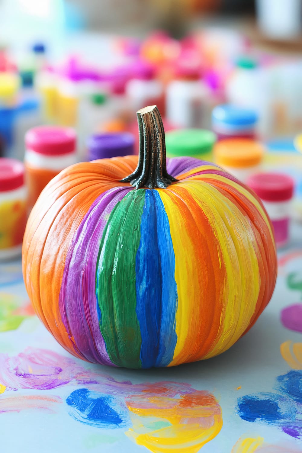 A brightly colored pumpkin painted with vertical stripes of purple, green, blue, yellow, and orange. The background shows various paint bottles with different colored caps, indicating an arts and crafts setup.