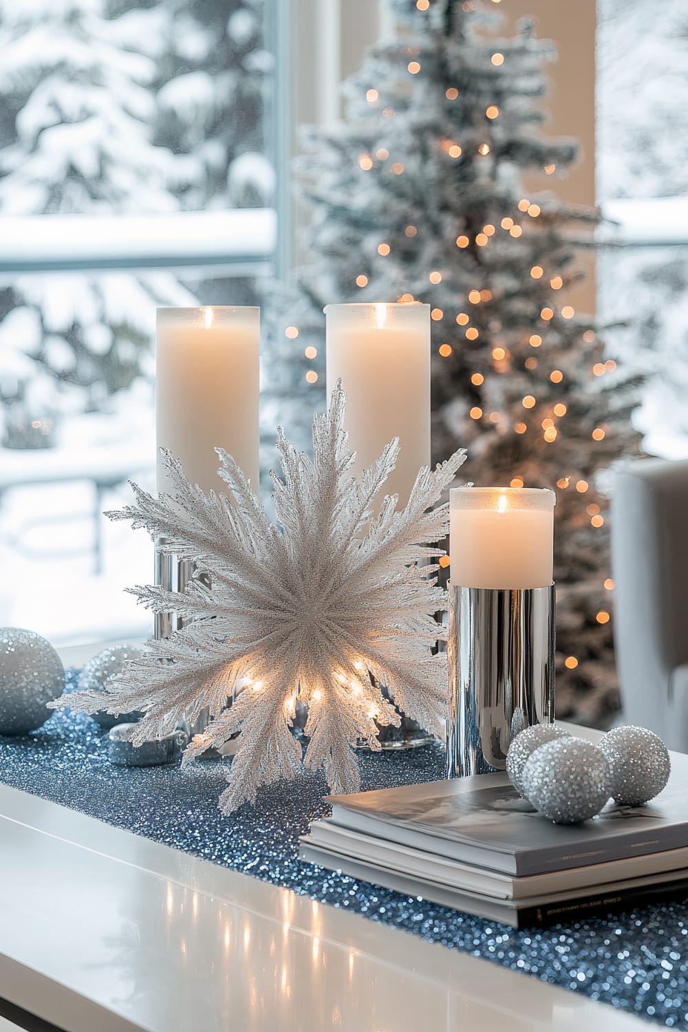 A festive winter scene featuring three white candles in shiny metallic holders on a blue glittery surface. Behind the candles is a large, silver decorative snowflake with small lights. Two glittery silver ornaments rest on a stack of books nearby. In the background, a Christmas tree with twinkling lights stands in front of a window showcasing a snowy landscape.