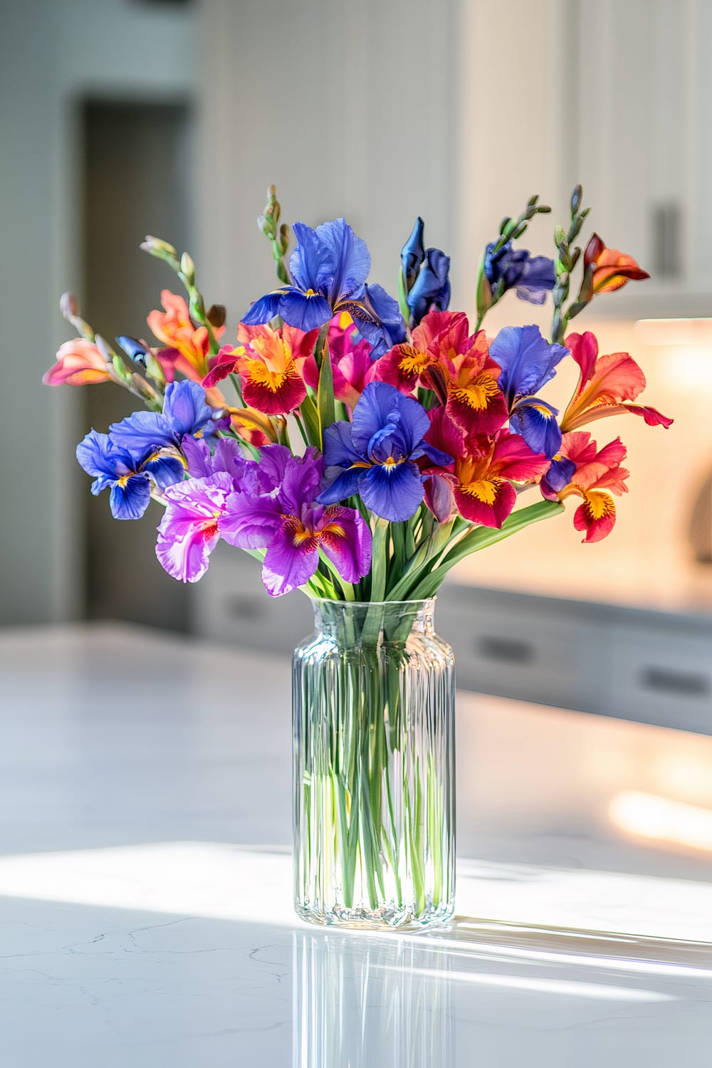 A clear glass vase filled with a vibrant arrangement of irises and gladioli flowers in various colors including purple, blue, red, pink, and orange, placed on a white marble countertop in a kitchen with a modern design and neutral palette.