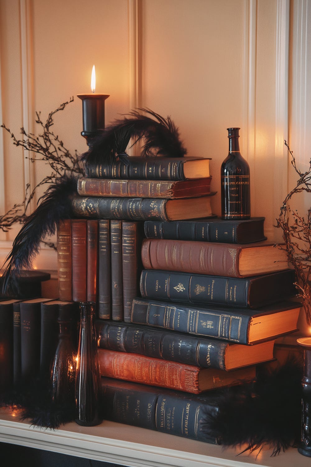 A decorated mantle featuring a stack of old, leather-bound books, black feather quills, ink bottles, and small amber reading lamps. Some books appear to float, creating an eerie effect. A candle on a black holder also adds to the mystic atmosphere.