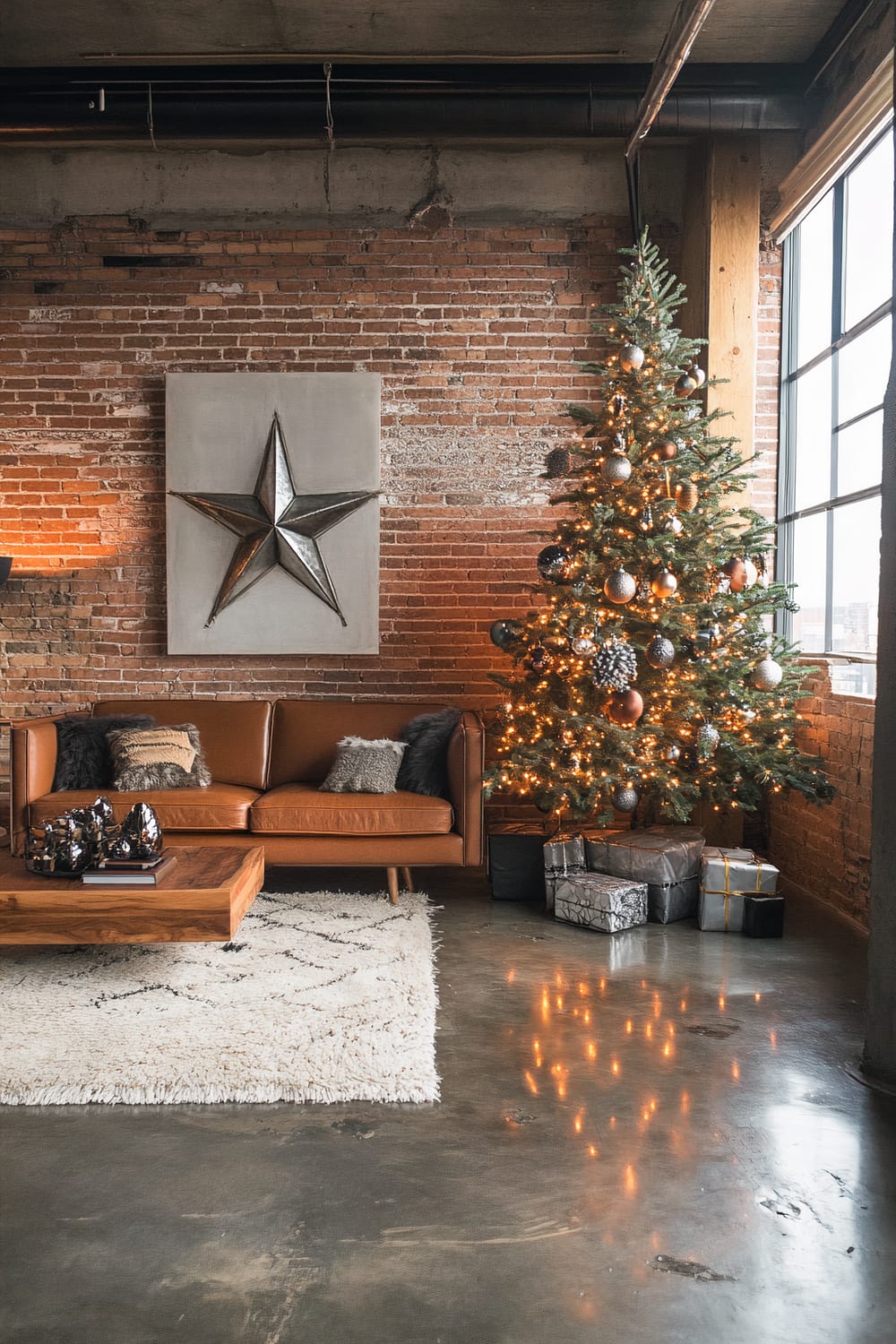 An industrial-style living room featuring exposed brick walls, a large leather sofa adorned with plush pillows, and a Christmas tree decorated with lights and ornaments. A large metal star is hung above the sofa. The space is completed with a wooden coffee table on a white shag rug, and a concrete floor reflecting the tree lights. Natural light streams in through large industrial windows.