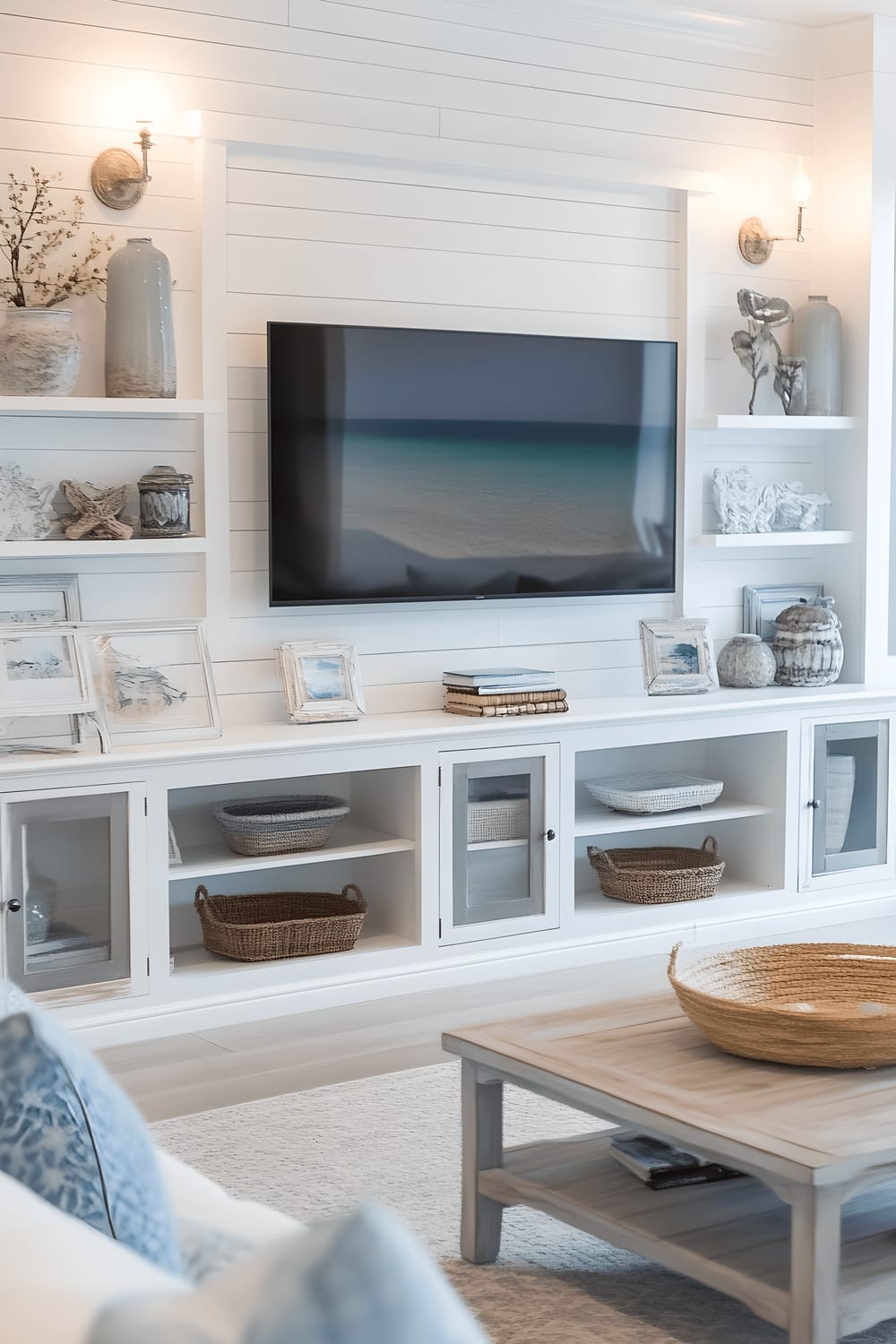 A serene and spacious living room features a wall designed for a TV setup. The wall is adorned with rustic shiplap wood panels painted in soft hues of blue and white. Above the TV space, there is a large wooden shelf displaying various driftwood-inspired decorations in muted tones. On the right stands an elegant floor lamp with a coastal-themed shade casting a warm and diffused light. A cozy white couch is set in front, facing the TV wall, accentuated by a couple of casually tossed cushions in matching hues.