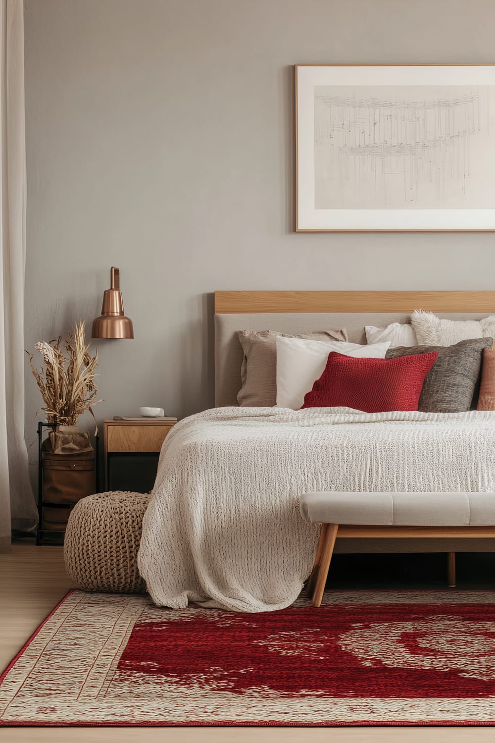 A stylish and cozy bedroom featuring a wooden bed with a beige headboard, adorned with multiple pillows in neutral tones and a single red pillow. A textured white blanket is draped over the bed. A modern copper pendant light hangs over a small nightstand, which holds a small white decor piece and a vase with dried flowers. On the floor, there's a knitted beige pouf and a red and cream patterned rug. Above the bed, there's a framed abstract artwork in muted tones, and in front of the bed, a bench with wooden legs and a grey cushion completes the look.