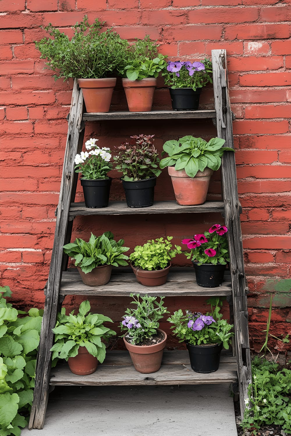 A repurposed rustic wooden ladder holding small pots of various herbs and flowers. The ladder, acting as a tiered planter, is nestled against a textured red brick wall. The ladder tiers are occupied by pots of basil, sage, violas, and pansies, showing a charming mix of greenery and palette of violet and yellow flowers.