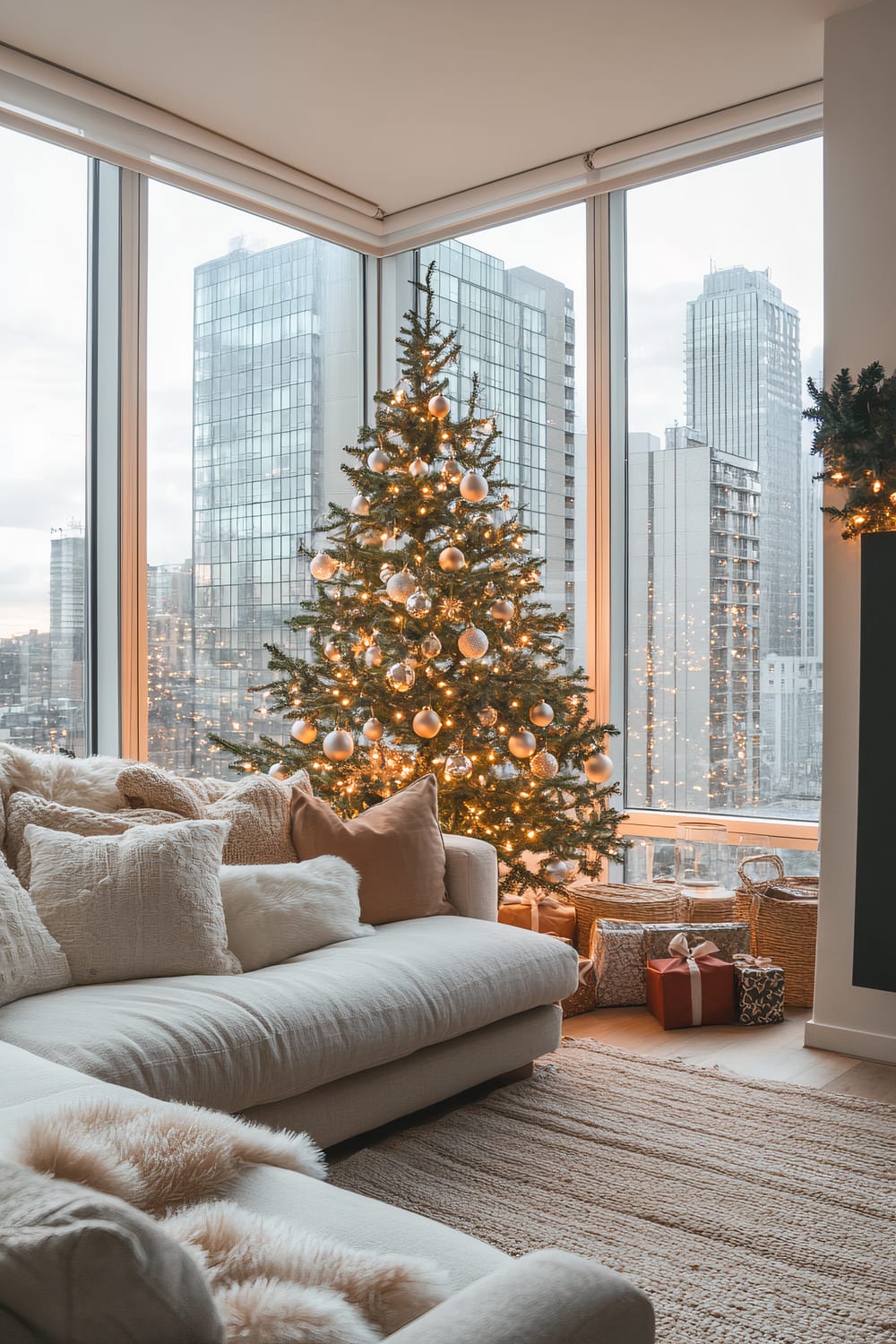 A modern, urban living room with floor-to-ceiling glass windows offering a view of city skyscrapers. In the foreground, there is a large, comfortable sectional sofa adorned with plush, neutral-toned pillows and throws. Beside the sofa, a decorated Christmas tree stands adorned with white and silver ornaments, and glowing with warm lights. Beneath the tree are several wrapped gifts in decorative paper. A textured, woven rug covers the wooden floor, tying the space together.