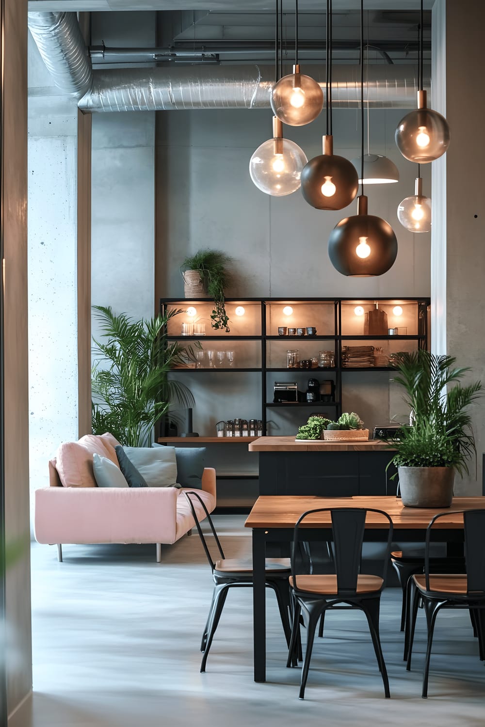 A modern Milan loft with high ceilings, large windows, exposed metal ducts, and concrete walls. Furniture includes pastel pink upholstered seating with light blue pillows, and a reclaimed wood dining table surrounded by black metal chairs. Hanging pendant lights with frosted glass shades offer ambient lighting. A large green monstera plant in a white ceramic planter decorates the room.