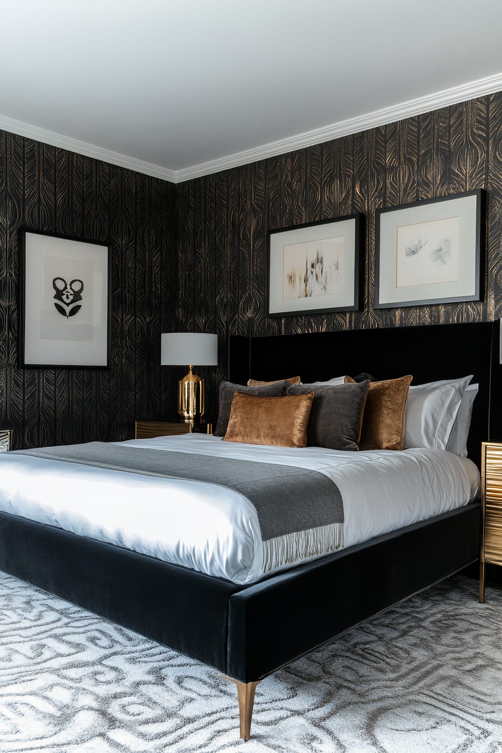 An elegant bedroom with a dark, intricate wallpaper featuring a gold feather pattern. The room is centered around a black-framed bed with white linens and several brown and gray cushions. Two side tables with gold lamps sit on either side of the bed, and three pieces of framed artwork adorn the wall above the headboard, adding a touch of modern artistry. A patterned gray rug complements the sophisticated color scheme.