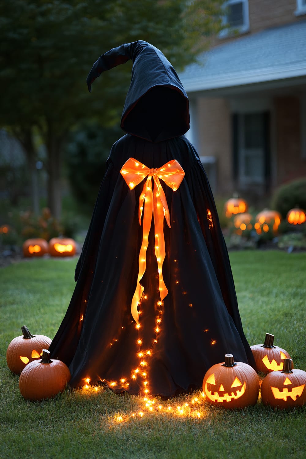 A spooky Halloween display in a front yard featuring a tall figure draped in a black cloak with a pointed hood. The cloak is adorned with a large glowing orange bow at the back, and orange string lights are intertwined with the cloak. The yard is decorated with multiple carved pumpkins with various facial expressions, all of which are illuminated from within.