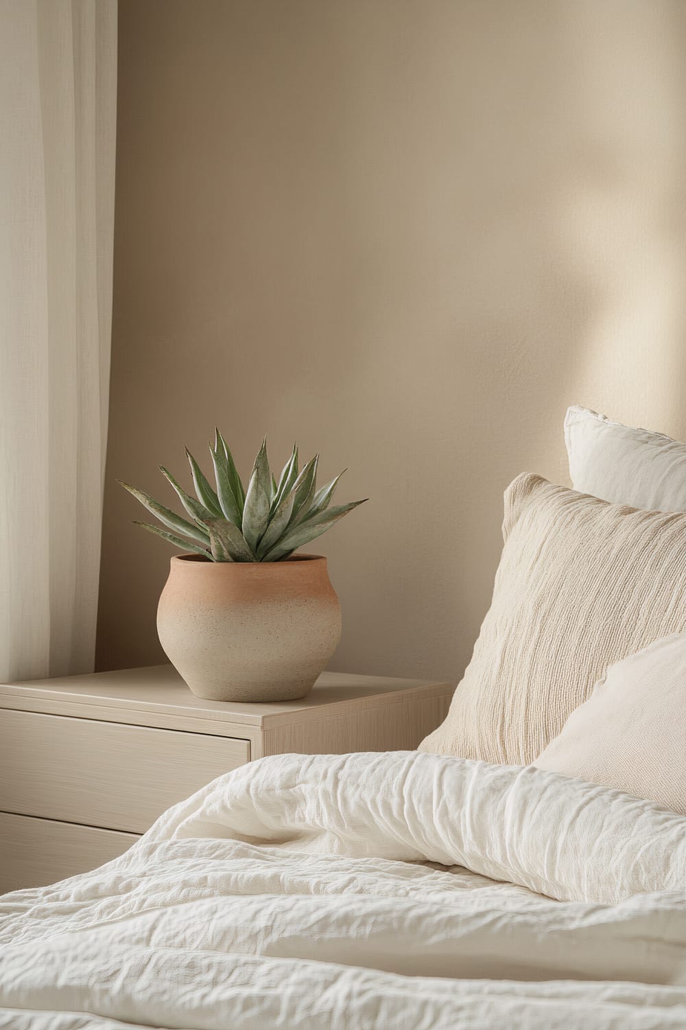 A modern bedroom with a minimalist dresser featuring a terracotta planter with a succulent. The background shows soft, white linens on a bed and natural light brightens the room, highlighting the décor.