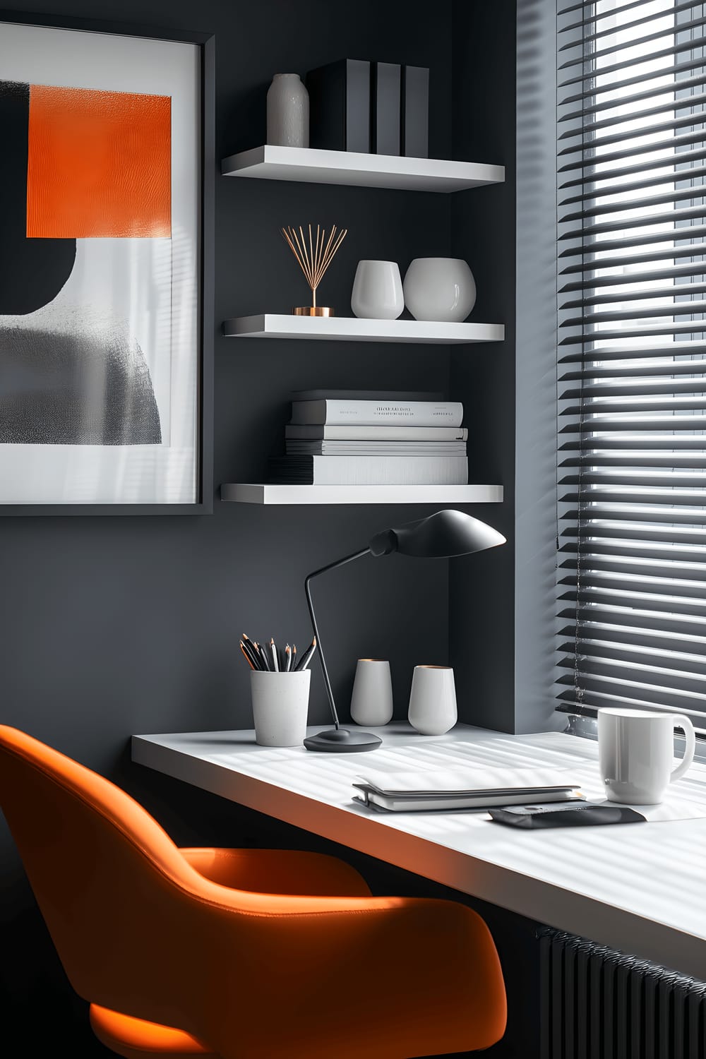 A low perspective shot of a home office in contrasting colors, featuring a prominent orange ergonomic desk chair. The office boasts a clean white desk that accommodates a stylish black desk lamp and a vertical arrangement of white ceramic mugs. Against charcoal grey walls, floating shelves display monochrome books and miniature gold sculptures. The room is illuminated by a large window with dark grey blinds that create dramatic shadows. An eye-catching abstract print in shades of orange and black decorates the wall, adding a complementary touch to the overall composition.