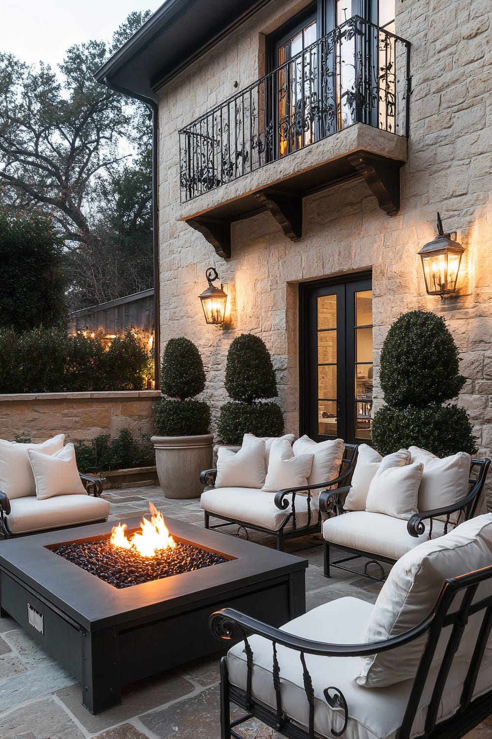 A stylish outdoor patio area featuring a central fire pit surrounded by four cushioned chairs with black metal frames. The backdrop includes a stone exterior wall of a house with two lit wall lanterns, a black-framed door, and a decorative wrought-iron balcony. Potted topiary plants are placed near the wall, and a scenic view of trees and greenery is visible in the background.