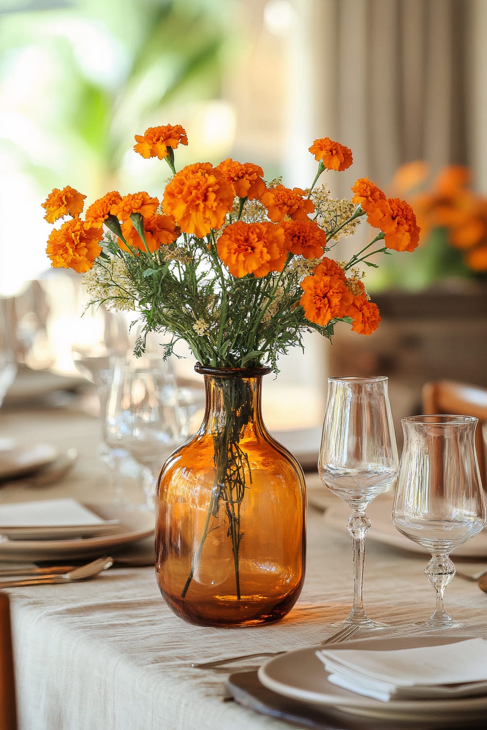 A dining table set with a rustic orange glass vase holding a bouquet of vibrant orange marigolds. The vase is placed on a beige tablecloth alongside neatly arranged glassware and plates.