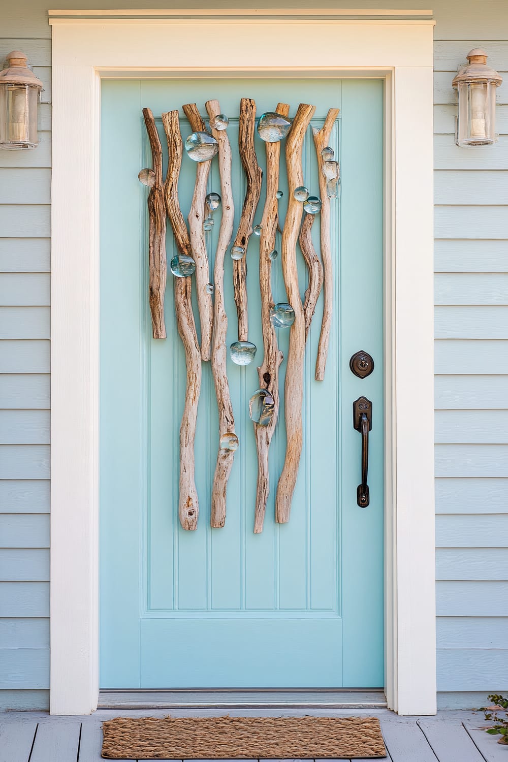 A light blue front door adorned with vertical driftwood pieces and glass balls creating a decorative pattern. The door is framed in white with two rustic, transparent lanterns mounted on either side. A natural woven doormat is placed on the wooden porch in front of the door. The exterior wall is light grey with horizontal siding.