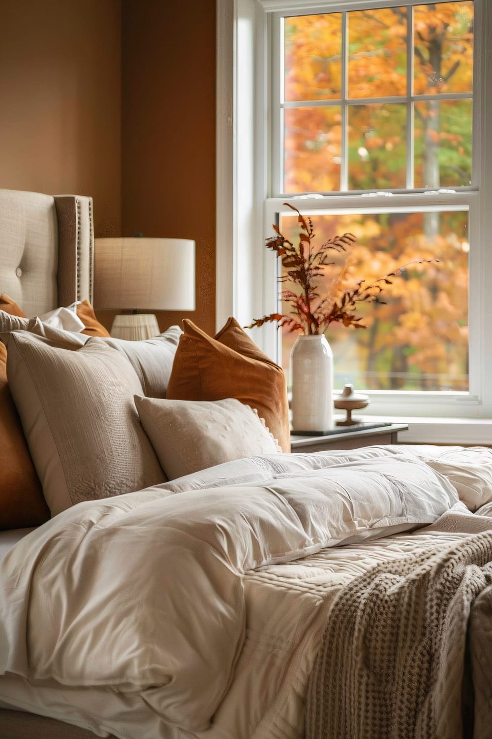 A cozy bedroom featuring a neatly made bed with various beige and rust-colored pillows, a soft white duvet, and a knitted beige throw. A bedside table holds a vase with autumnal branches. The window behind the table shows vibrant fall foliage outside.