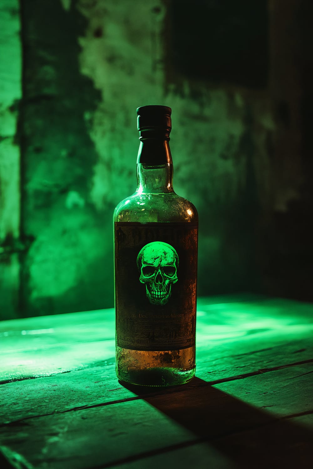 An ordinary whiskey bottle illuminating an eerie green light, stands upright on a wooden surface in a dimly lit, spooky environment. The label features a sinister-looking skull.