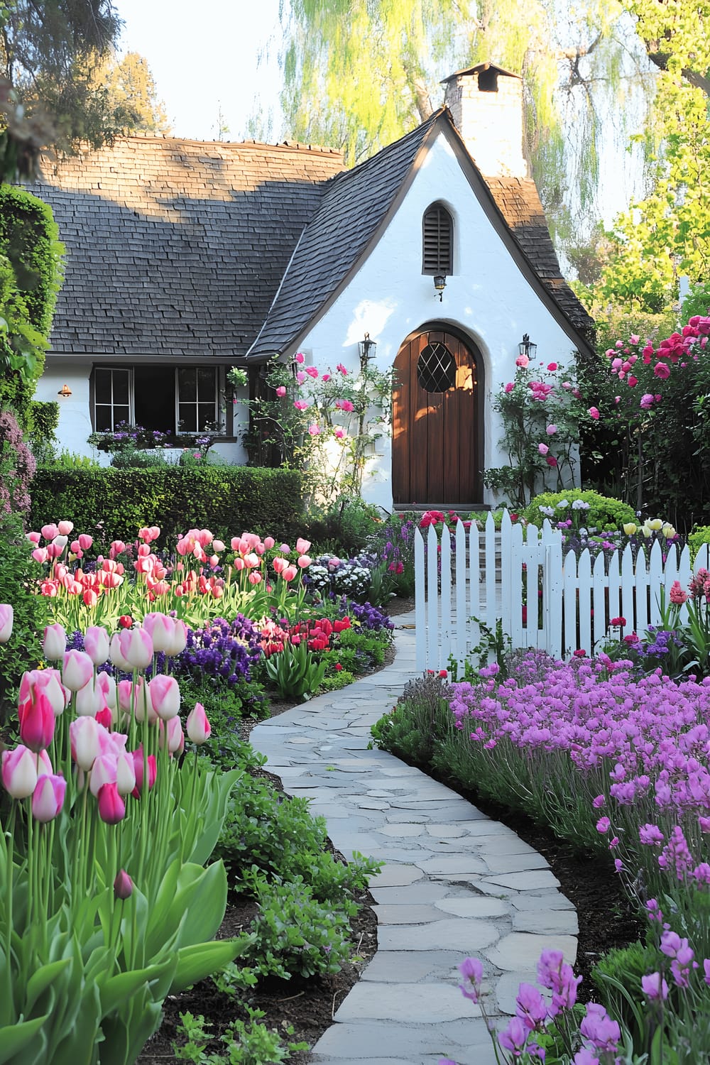 A charming cottage-style home with whitewashed brick walls and a steeply pitched roof. The home's arched wooden front door is approached by a winding cobblestone pathway, weaving through a vibrant garden filled with blooming tulips in pastel shades, purple lavender, pink and purple hydrangeas, and climbing roses on a wooden trellis. A white picket fence encapsulates the property, while ivy climbs up the facade of the house. The entire scene is illuminated in a soft golden sunlight.