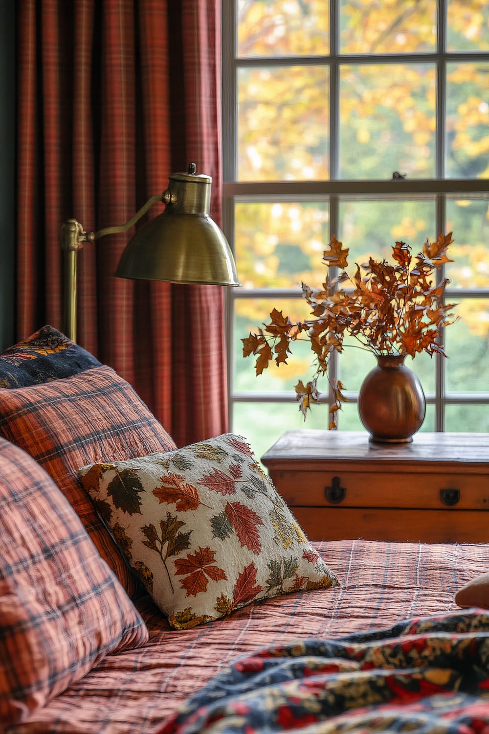 An autumn-themed bedroom showcasing a bed with plaid-patterned brown and orange bedding and an accent pillow with a fall leaf pattern. A brass reading lamp is positioned beside the bed. A wooden chest next to a window holds a vase filled with autumn leaves. The window reveals a background of autumn foliage through red plaid curtains.