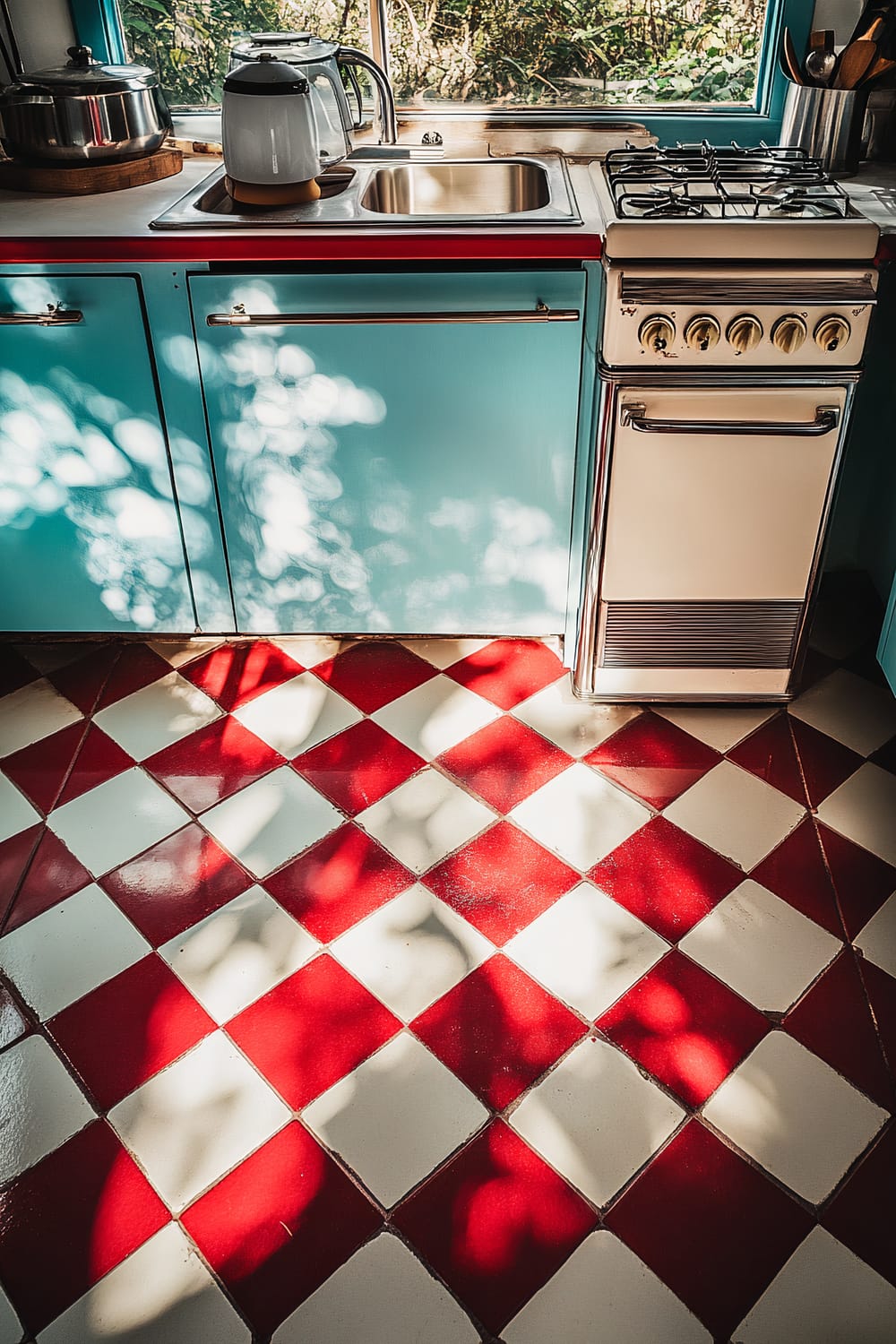 An image of a retro kitchen floor with a red and white checkered tile pattern. A blue kitchen cabinet with chrome handles, a stainless steel sink, and a vintage white stove are visible. On the counter, there is a vintage-style toaster and a chrome kettle, and natural light is casting dappled shadows onto the scene.