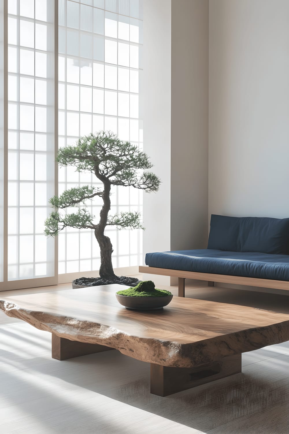 A minimalist living room view from its entrance. The room is dominated by a deep indigo, low-set Japanese style sofa and a large reclaimed wood coffee table. The room's walls are covered with floor-to-ceiling white shoji screens that filter in soft, natural light. The room's focal point is a single, elegantly maintained bonsai tree placed strategically on the coffee table.