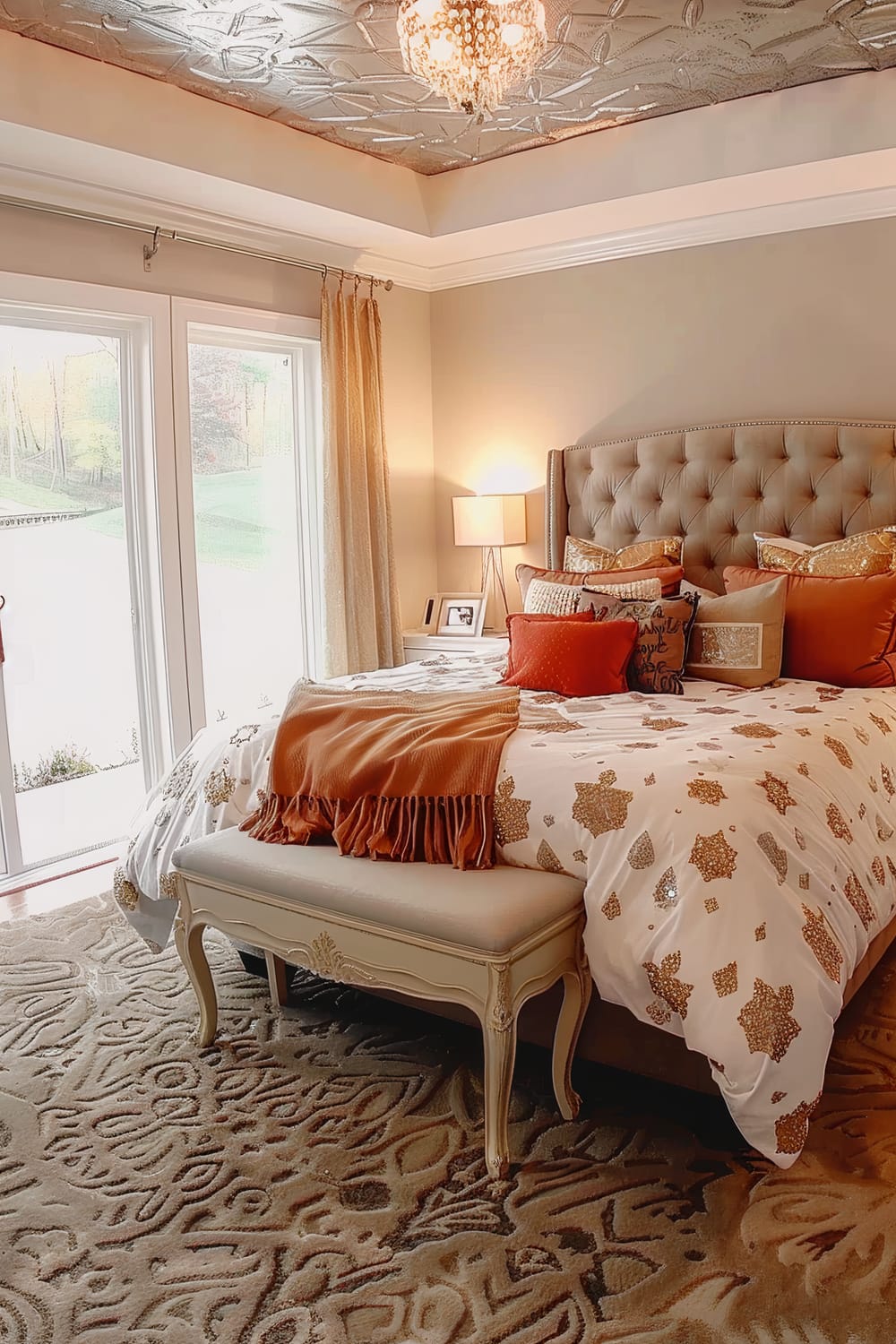 An elegant bedroom features a large bed with a tufted headboard, adorned with orange and gold pillows and a matching throw blanket. A light-patterned rug covers the floor, and a cushioned bench sits at the foot of the bed. The ceiling is decorated with an intricate metallic design, and a chandelier hangs from it. Large windows provide a view of a green outdoor space, and natural light streams in, enhanced by light-colored curtains. A bedside table with a lamp and picture frames completes the cozy atmosphere.