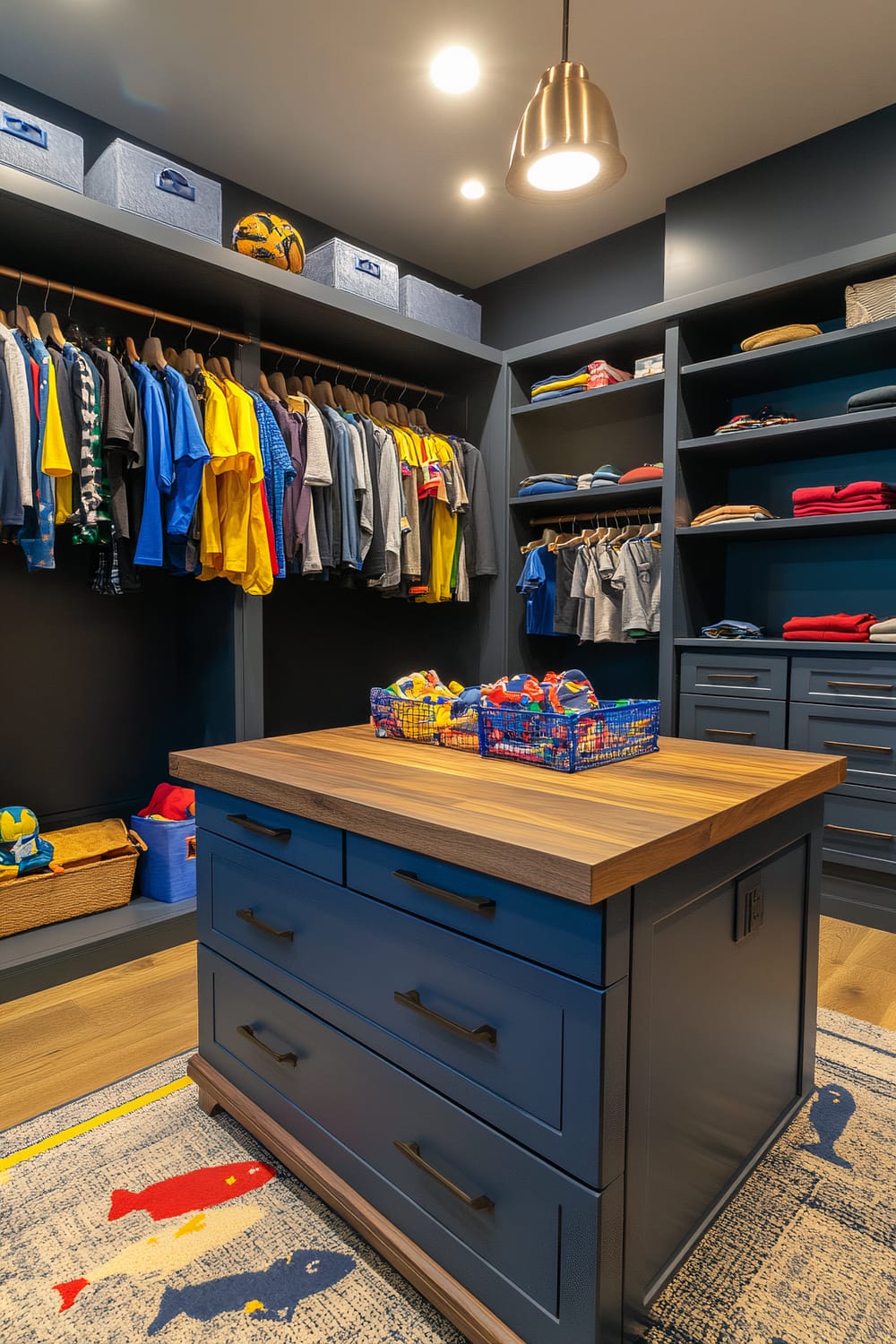 Walk-in closet with dark blue and gray cabinetry, a wooden-topped island, and open shelves filled with clothes and toys, including baskets and a colorful area rug.